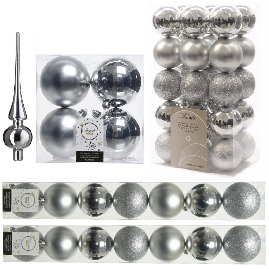 Kerstversiering kunststof kerstballen met piek zilver 6-8-10 cm pakket van 49x stuks