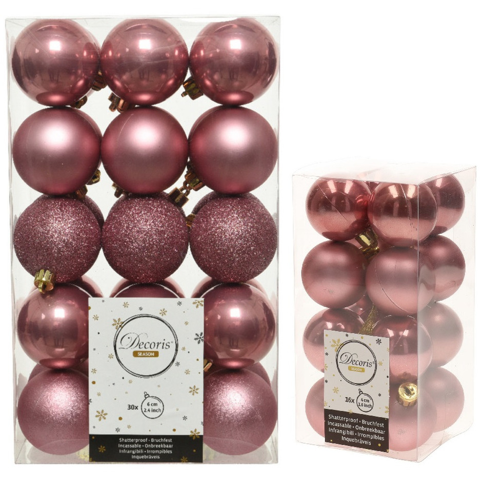 Kerstversiering kunststof kerstballen oud roze 4-6 cm pakket van 46x stuks