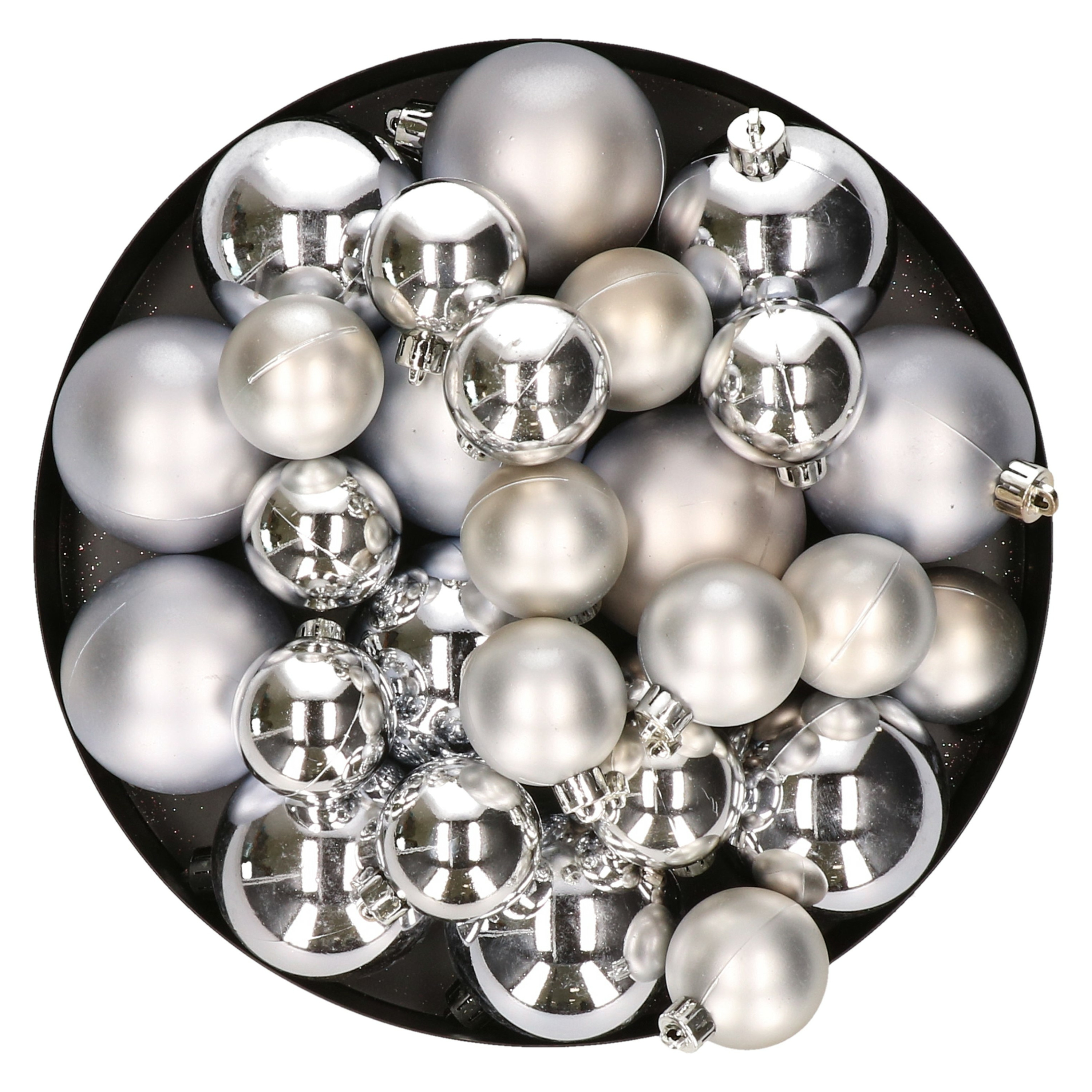 Kerstversiering kunststof kerstballen zilver 6-8-10 cm pakket van 22x stuks