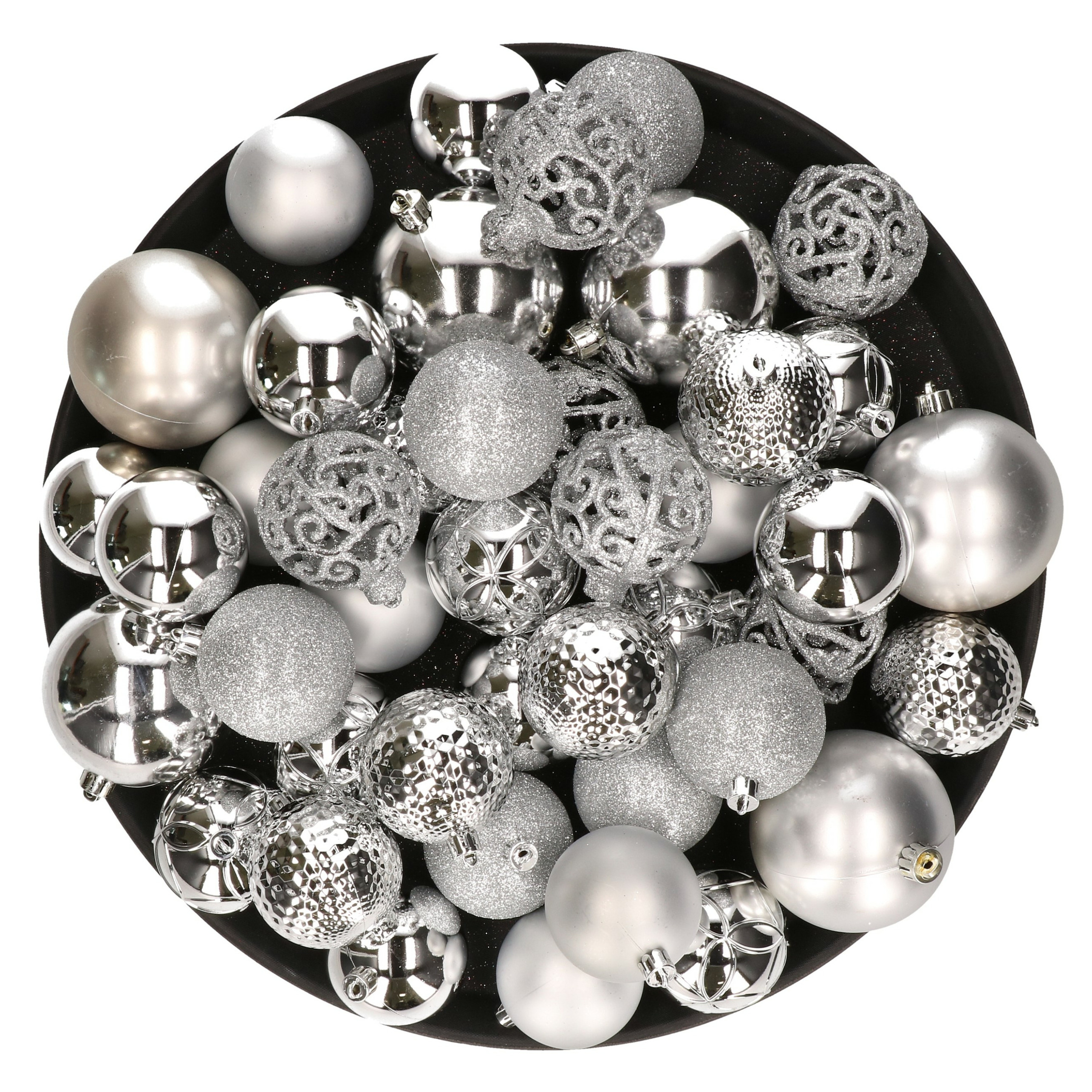 Kerstversiering kunststof kerstballen zilver 6-8-10 cm pakket van 59x stuks