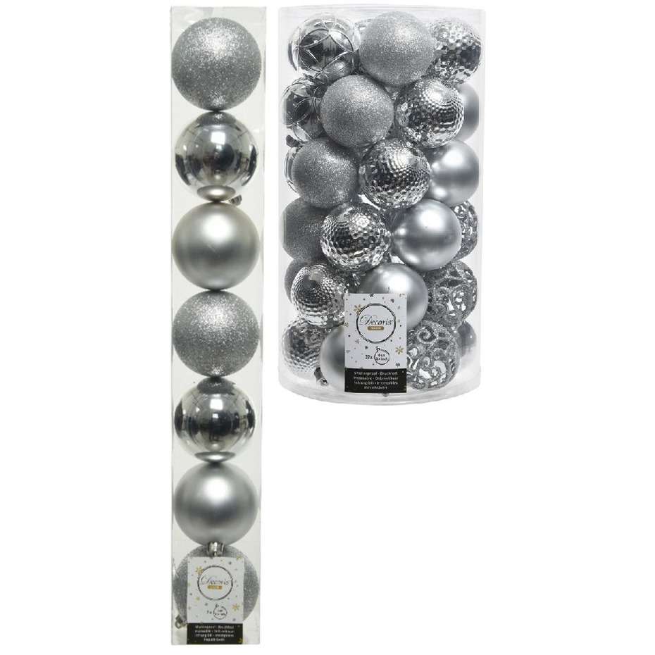 Kerstversiering kunststof kerstballen zilver 6-8 cm pakket van 51x stuks