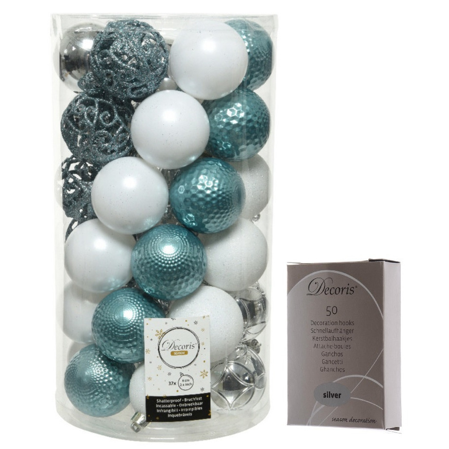 Kerstversiering mix pakket kunststof kerstballen 6 cm zilver-ijsblauw-wit 37x stuks met haakjes