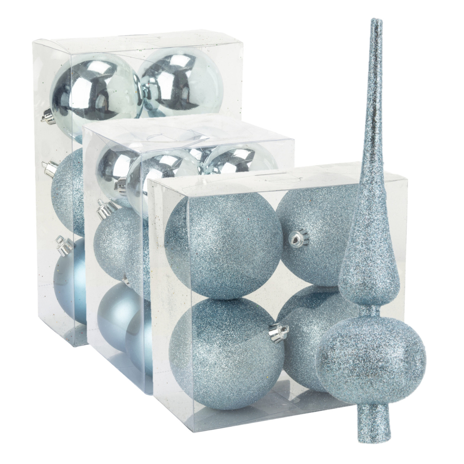 Kerstversiering set kerstballen met piek ijsblauw 6 8 10 cm pakket van 63x stuks