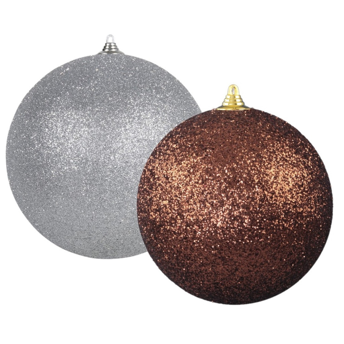 Kerstversieringen set van 2x extra grote kunststof kerstballen bruin en zilver 25 cm glitter -