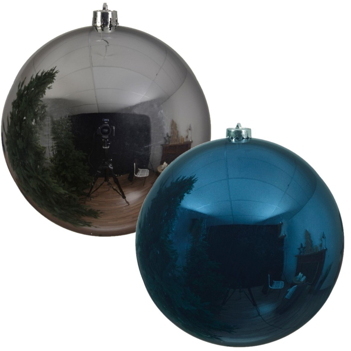 Kerstversieringen set van 6x grote kunststof kerstballen blauw en zilver 14 cm glans -