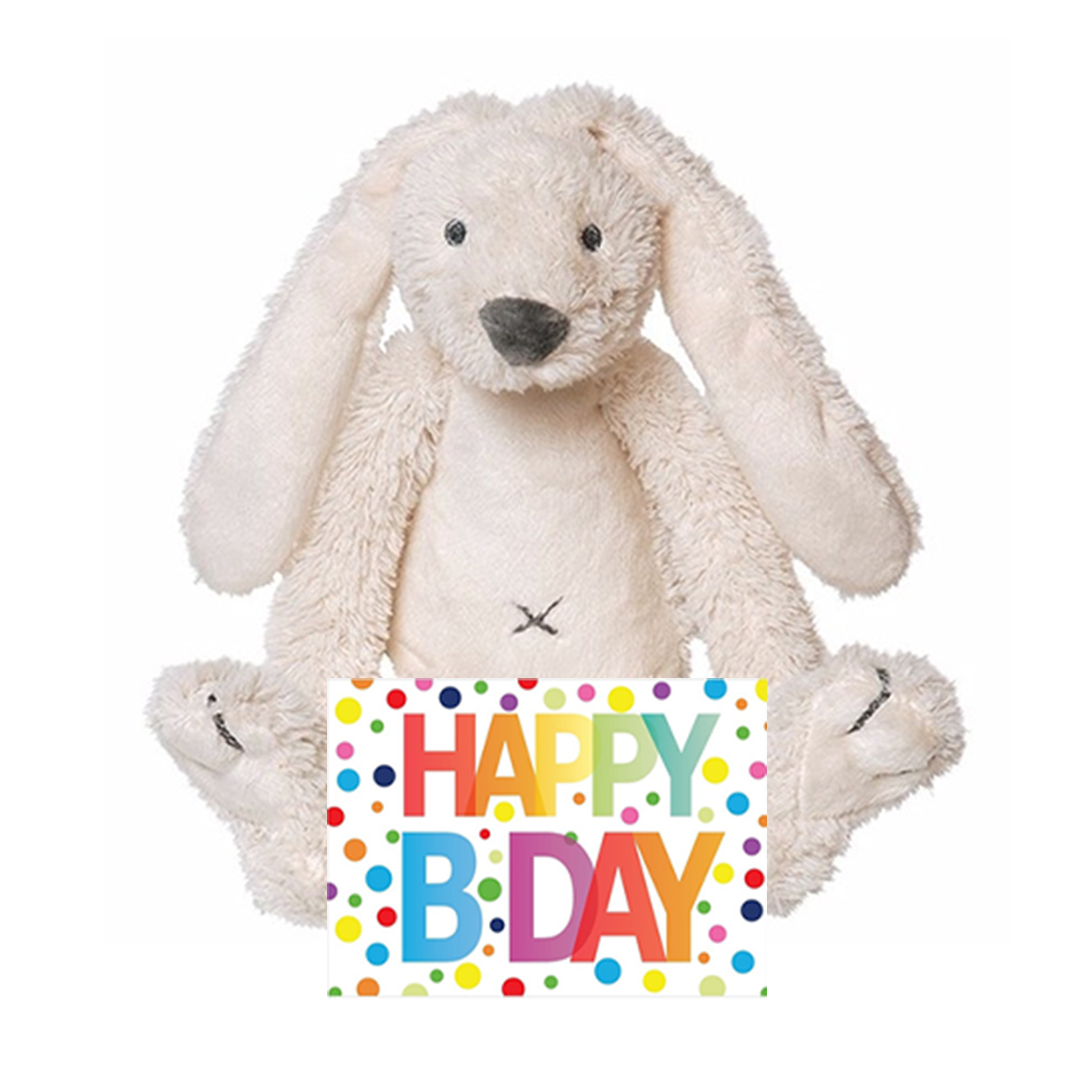 Kinder cadeau knuffel konijn met Happy birthday wenskaart -