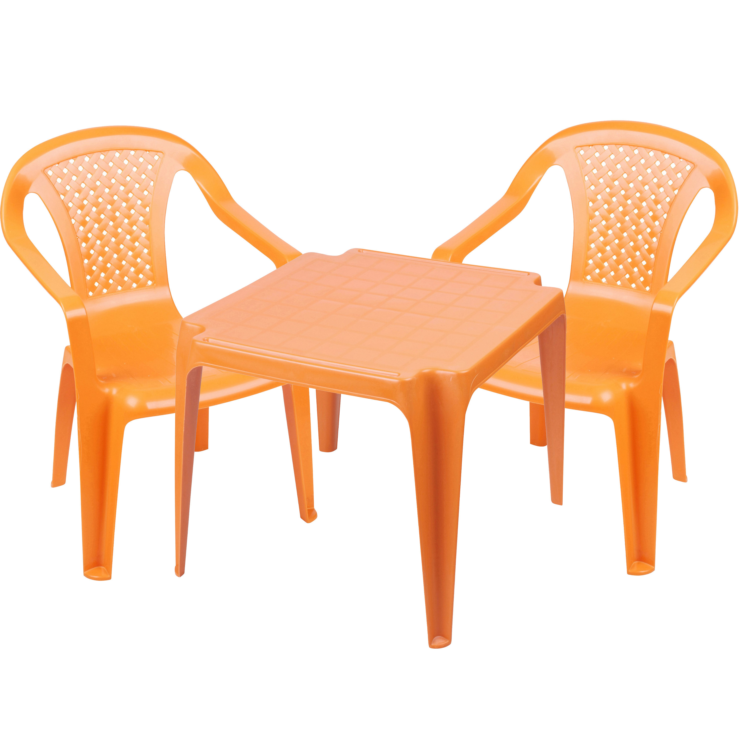 Kinderstoelen 2x met tafeltje set buiten-binnen oranje kunststof