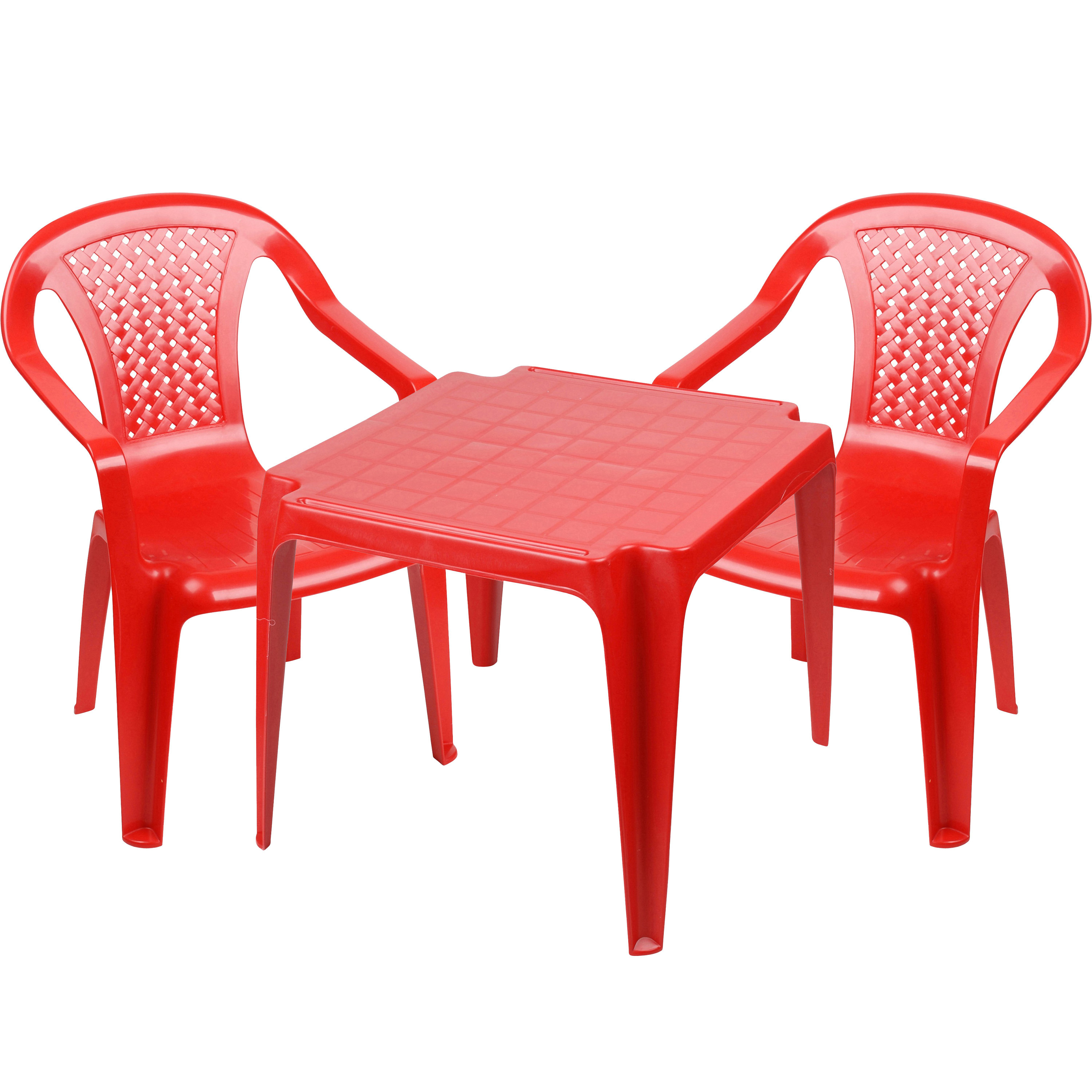 Kinderstoelen 2x met tafeltje set buiten-binnen rood kunststof