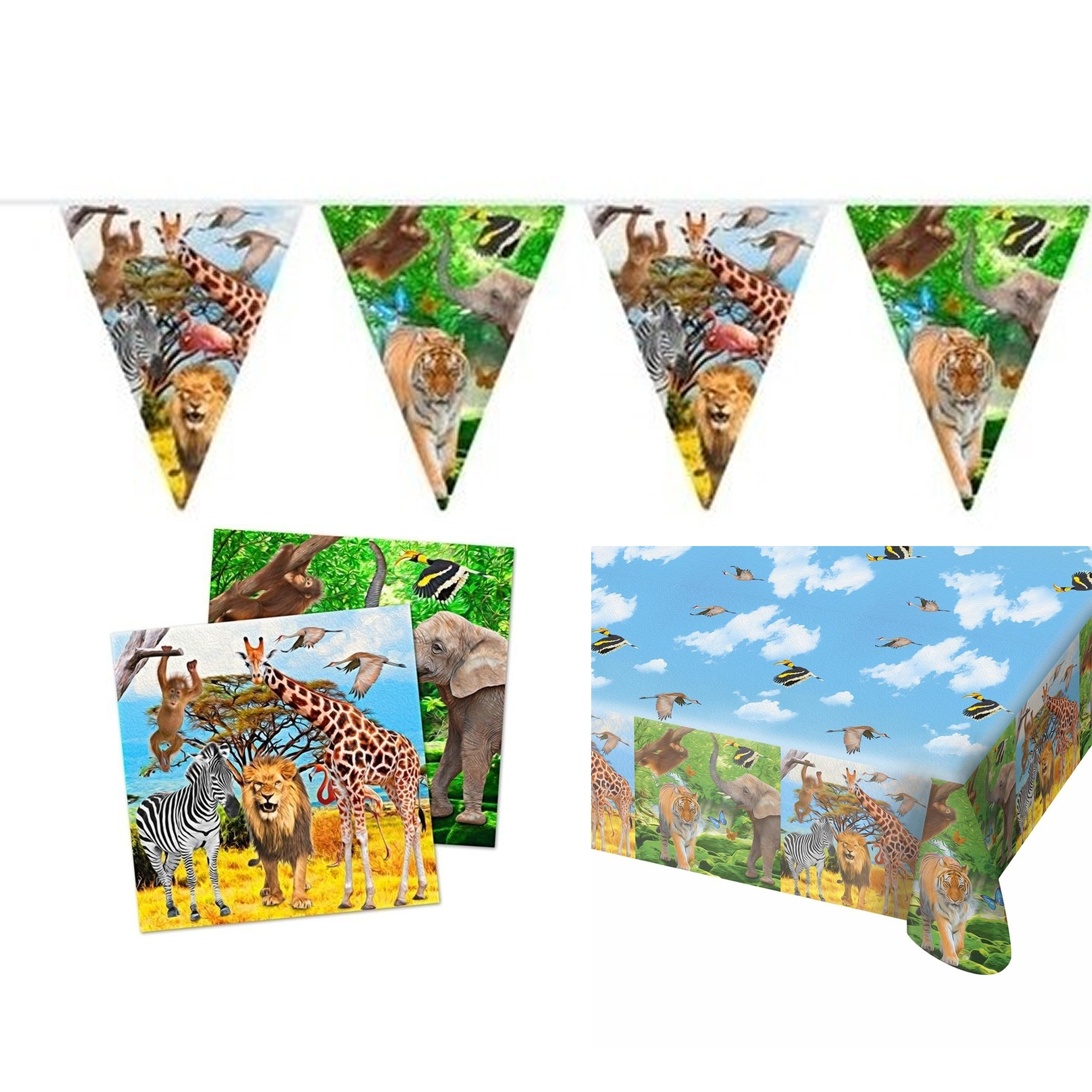 Kinderverjaardag-kinderfeestje tafeldek set tafelkleed-servetten-vlaggetjes jungle thema