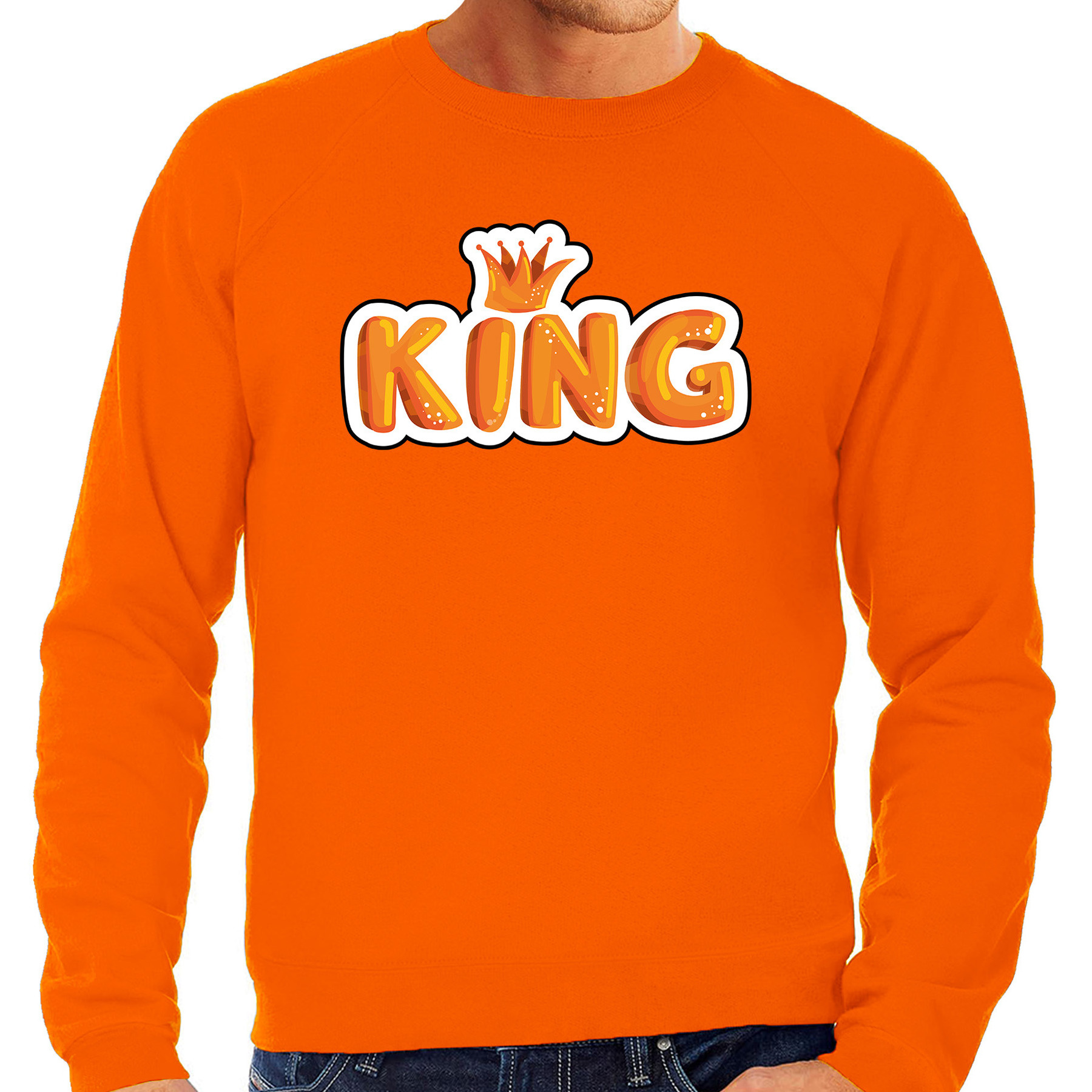King in cartoon letters sweater oranje voor heren Koningsdag truien