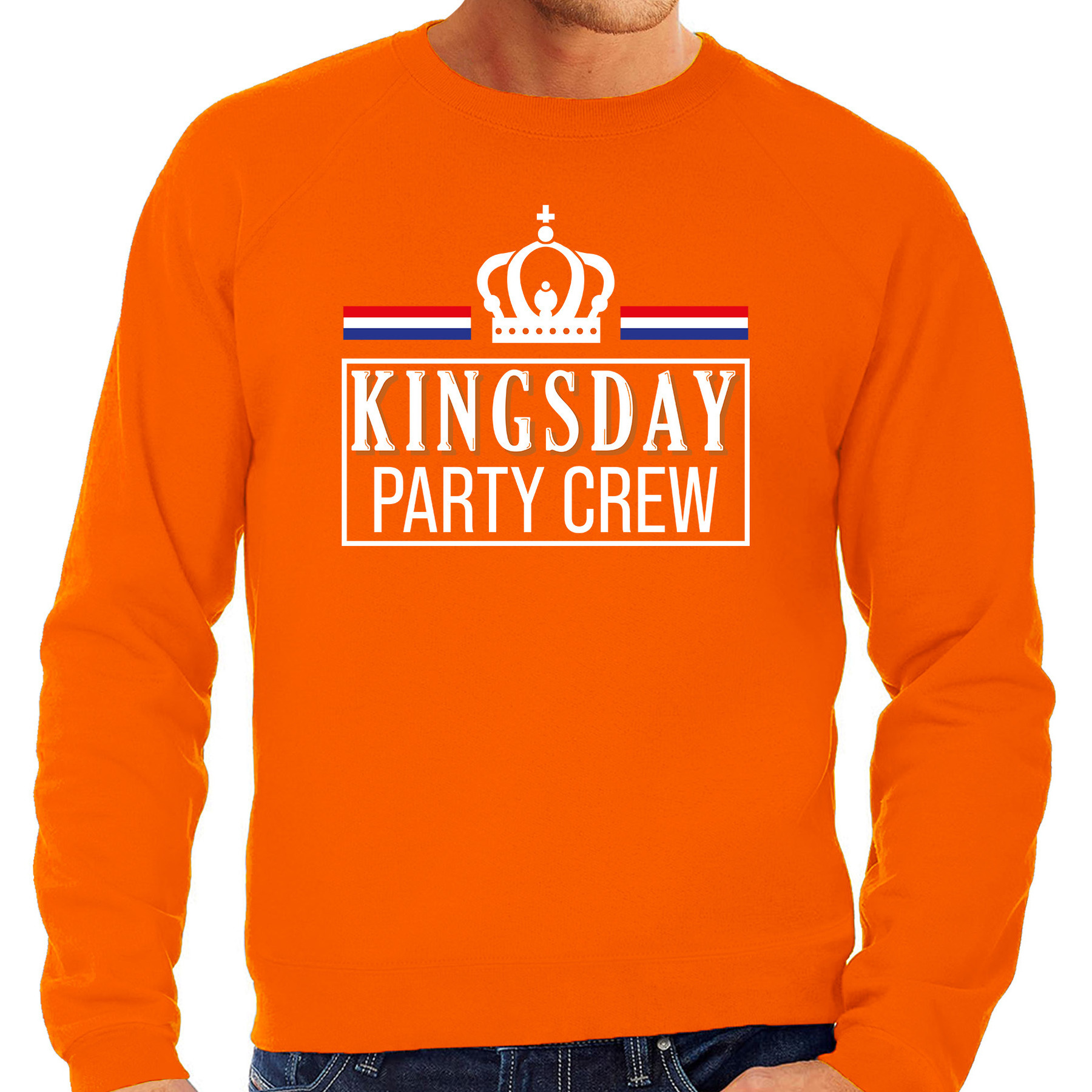 Kingsday party crew sweater oranje met witte letters voor heren Koningsdag truien
