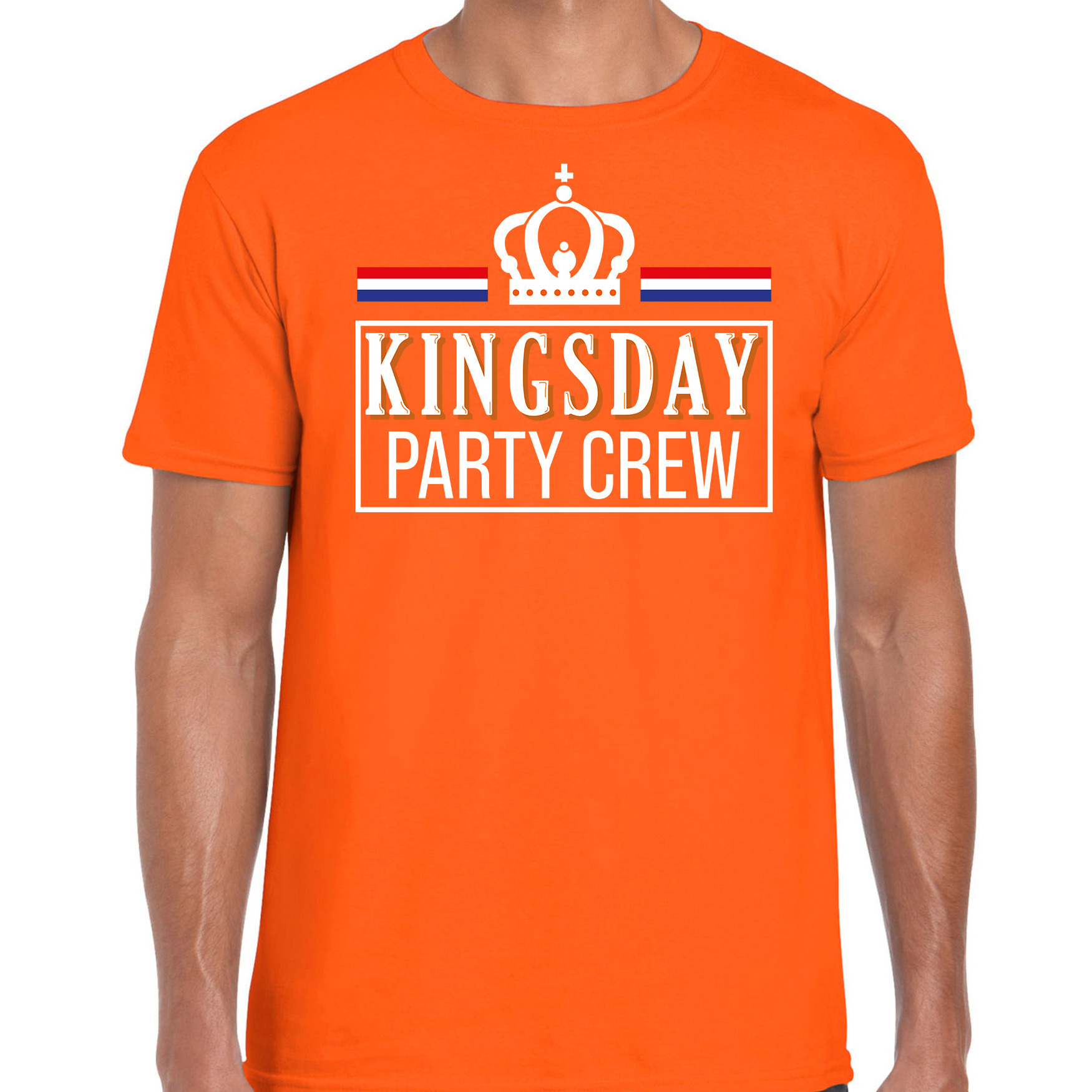 Kingsday party crew t-shirt oranje met witte letters voor heren Koningsdag shirts