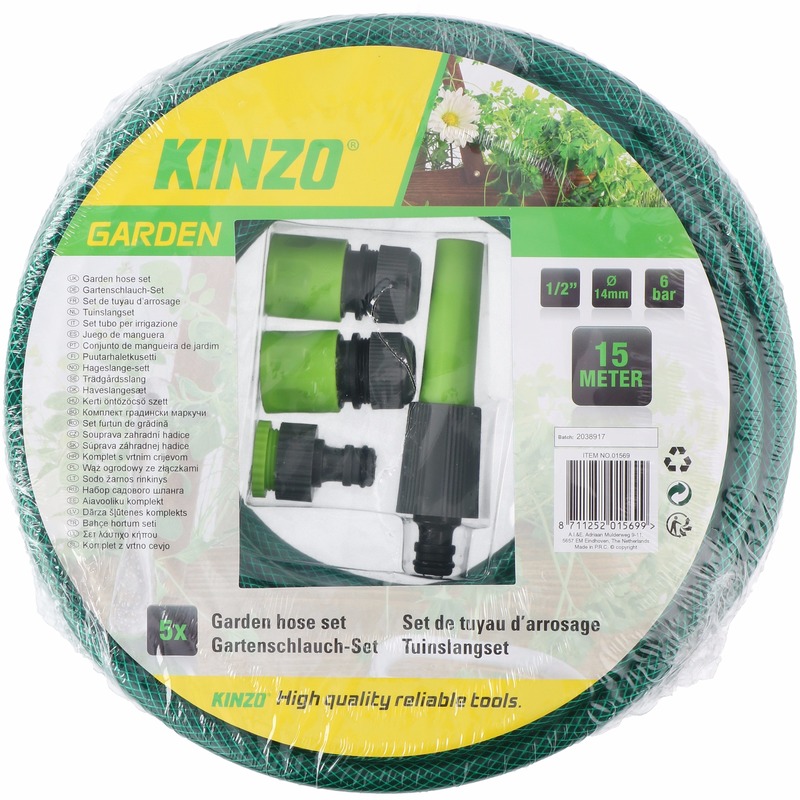 Kinzo tuinslang met sproeikop set 15 meter groen-zwart
