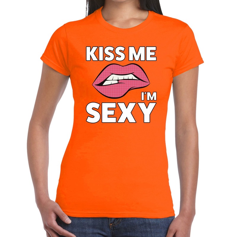 Kiss me i am sexy t-shirt oranje dames