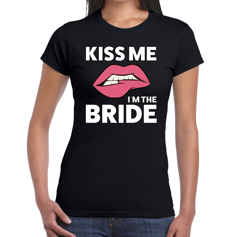 Kiss me i am the bride t-shirt zwart dames