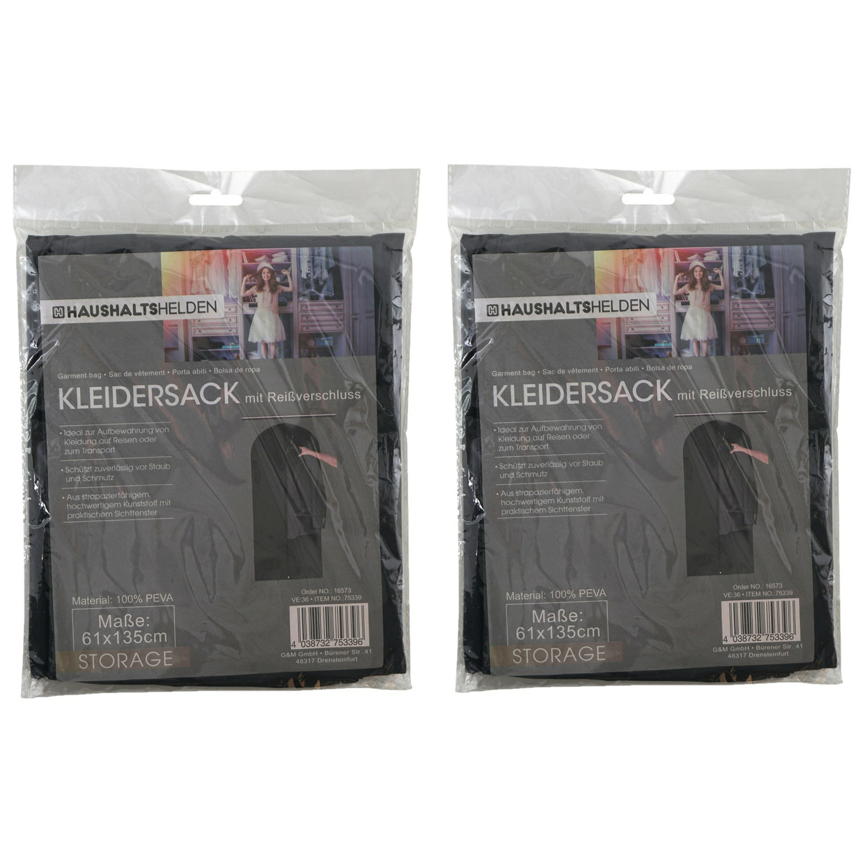 Kledinghoes beschermhoes met rits 2x zwart polyester 61 x 135 cm