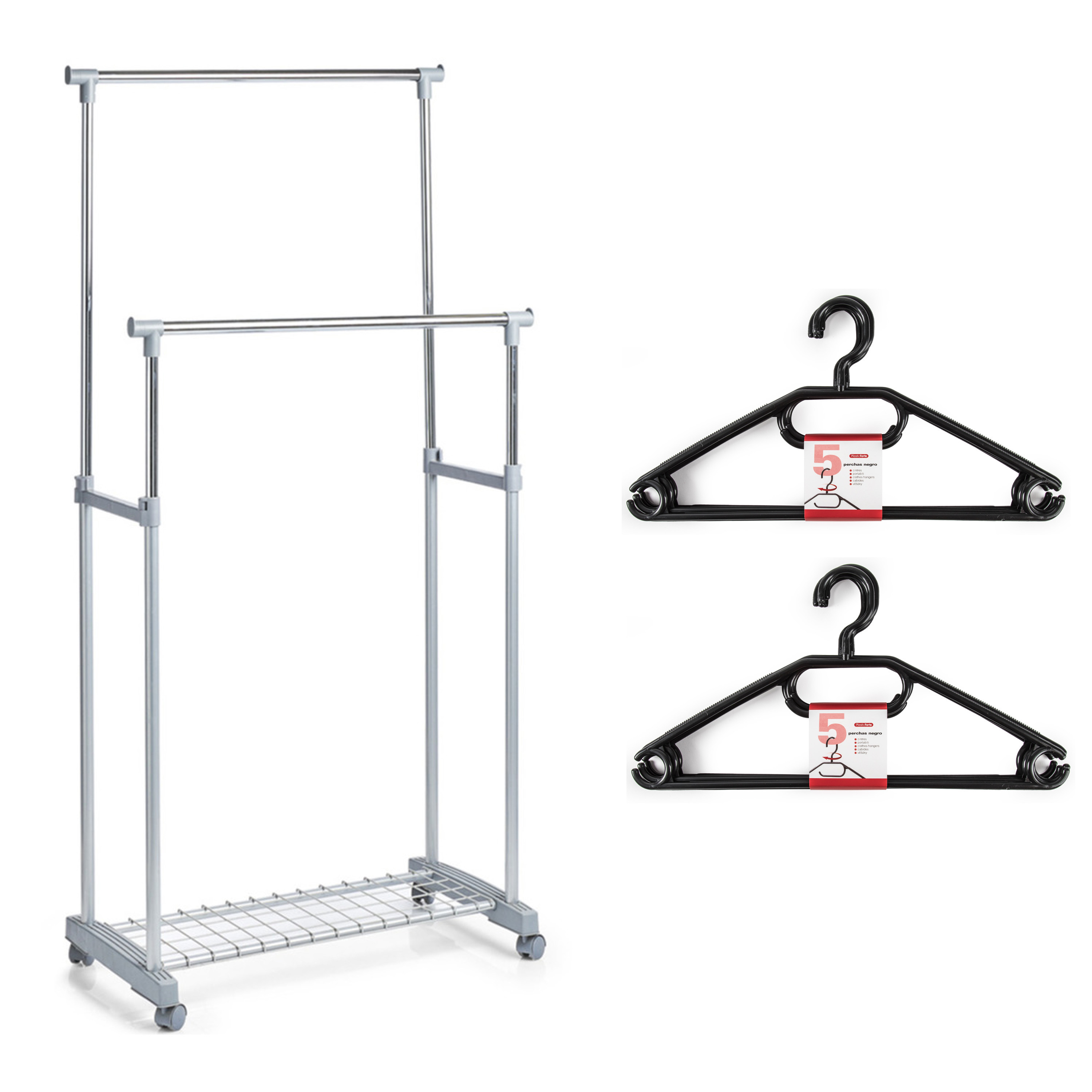 Kledingrek met kleding hangers dubbele stang kunststof-metaal grijs 83 x 43 x 107