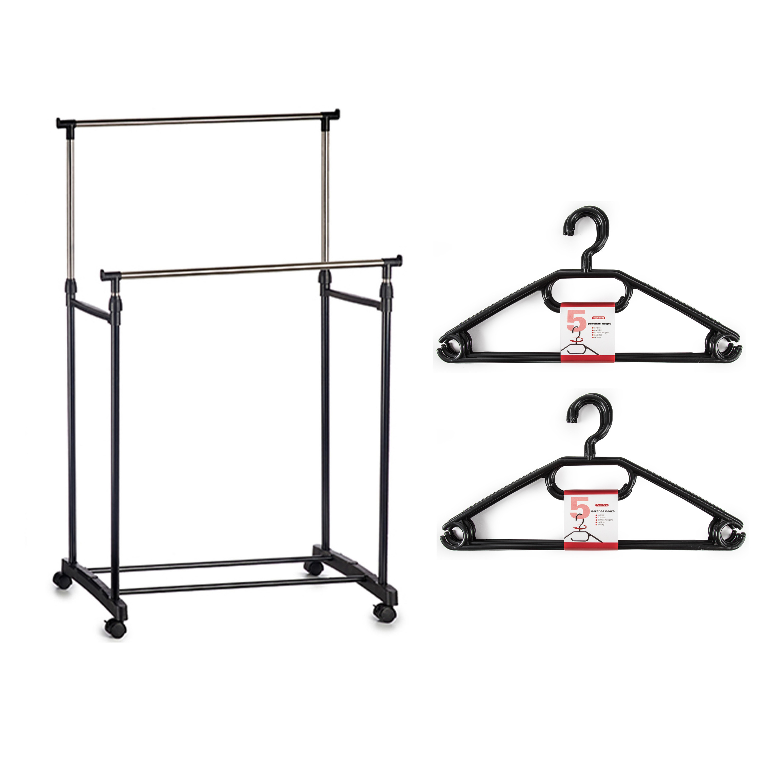 Kledingrek met kleding hangers dubbele stang kunststof-metaal zwart 80 x 42 x 160