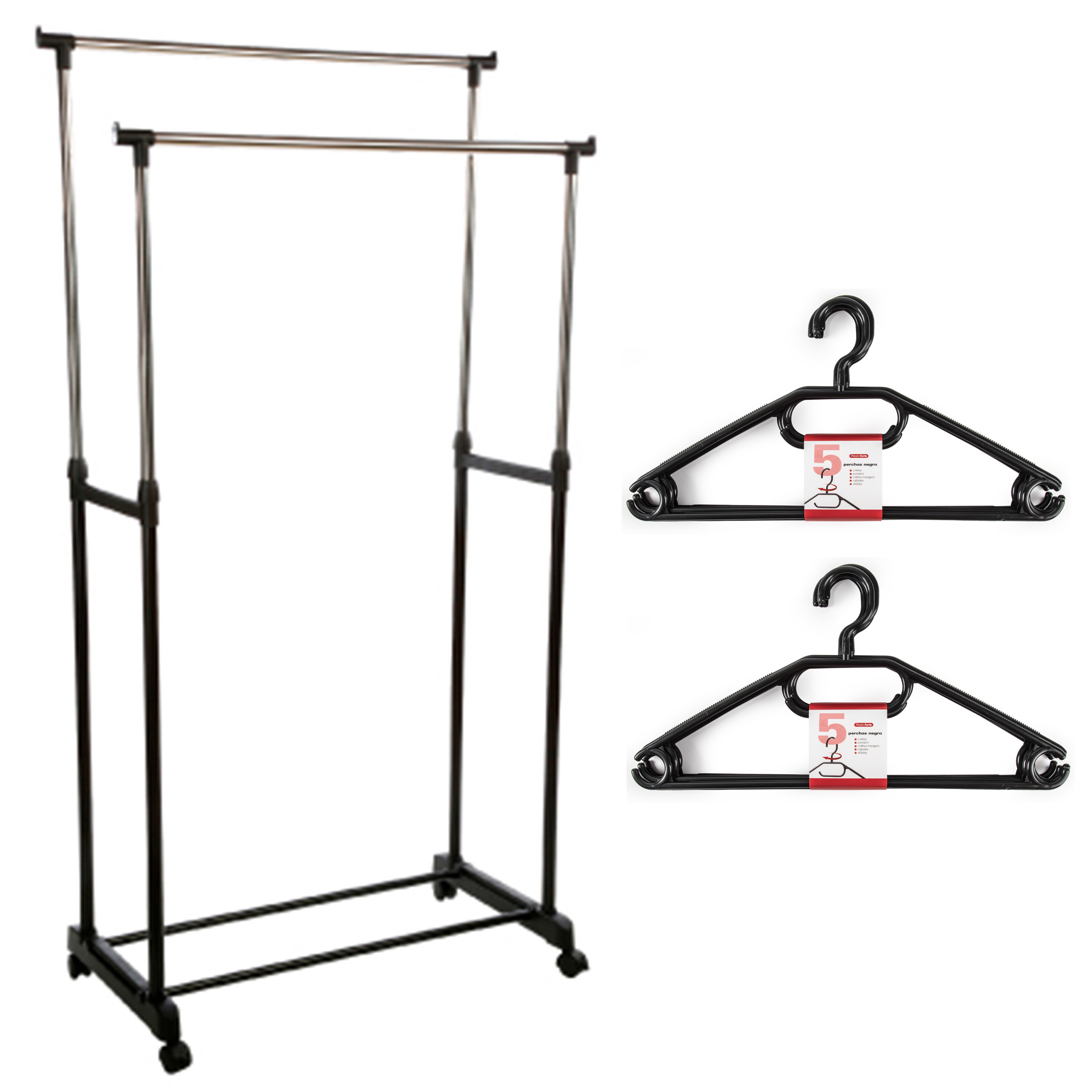 Kledingrek met kleding hangers dubbele stang kunststof-metaal zwart 80 x 42 x 170 cm