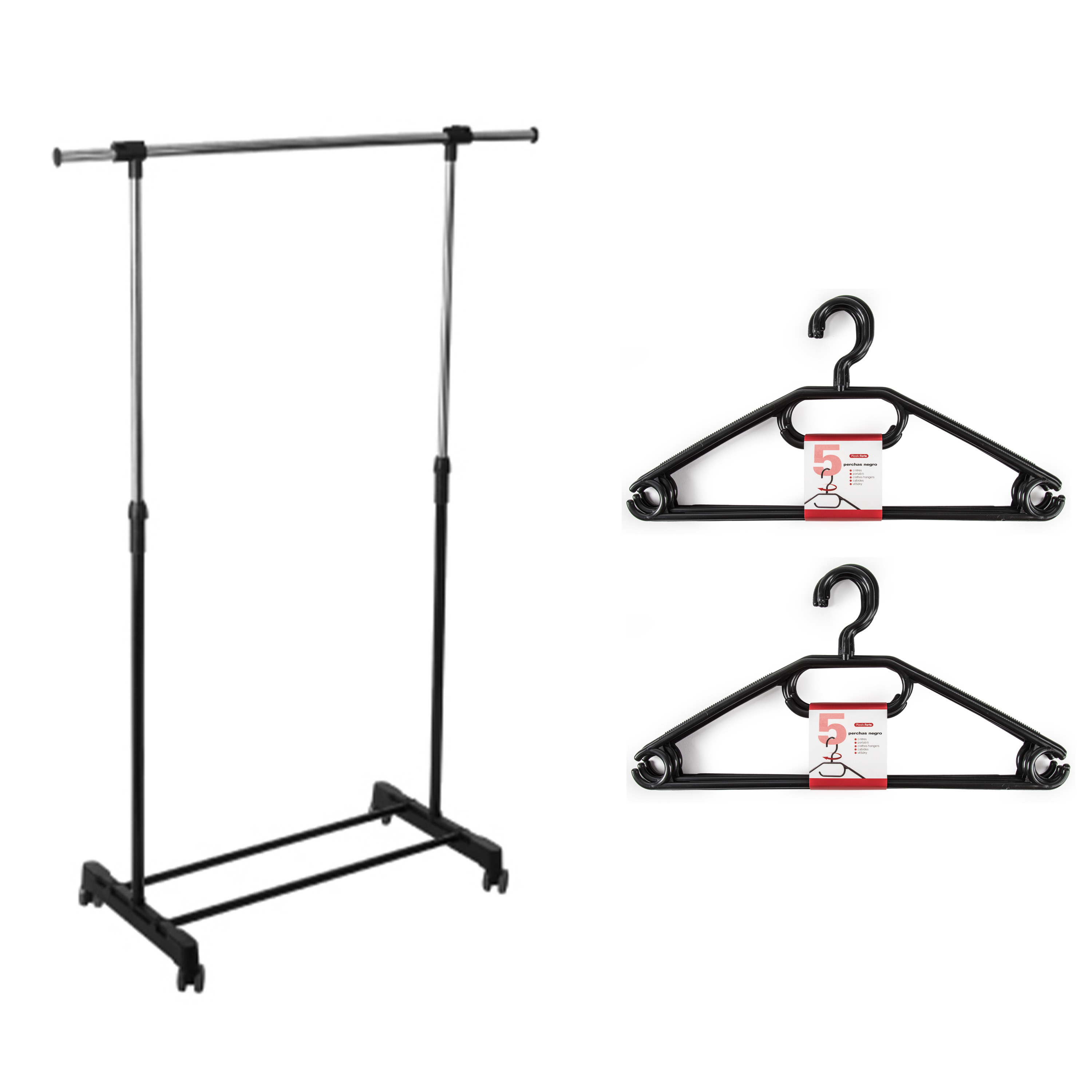 Kledingrek met kleding hangers enkele stang kunststof-metaal zwart 120 x 42 x 165 cm