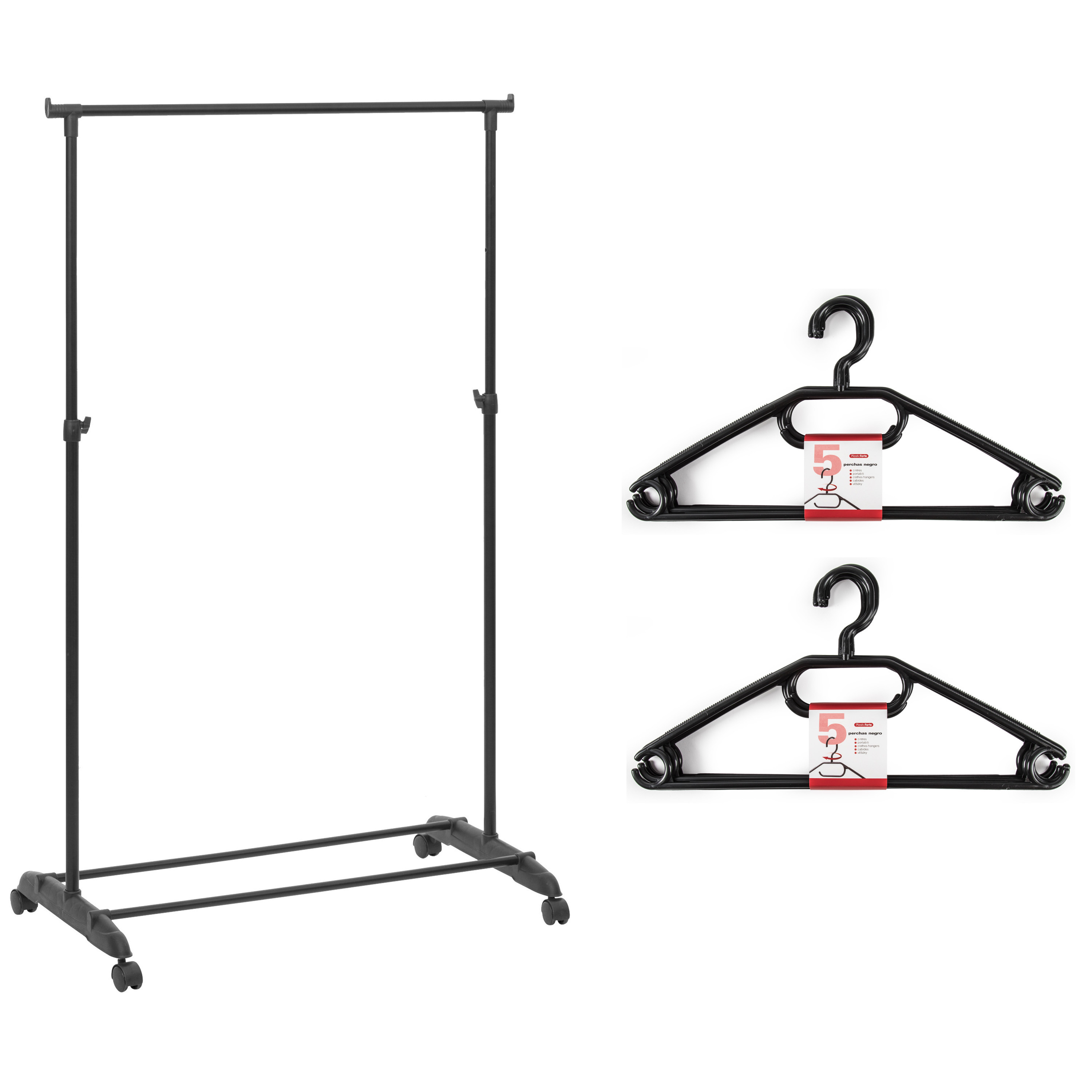 Kledingrek met kleding hangers enkele stang kunststof-metaal zwart 80 x 42 x 160 cm