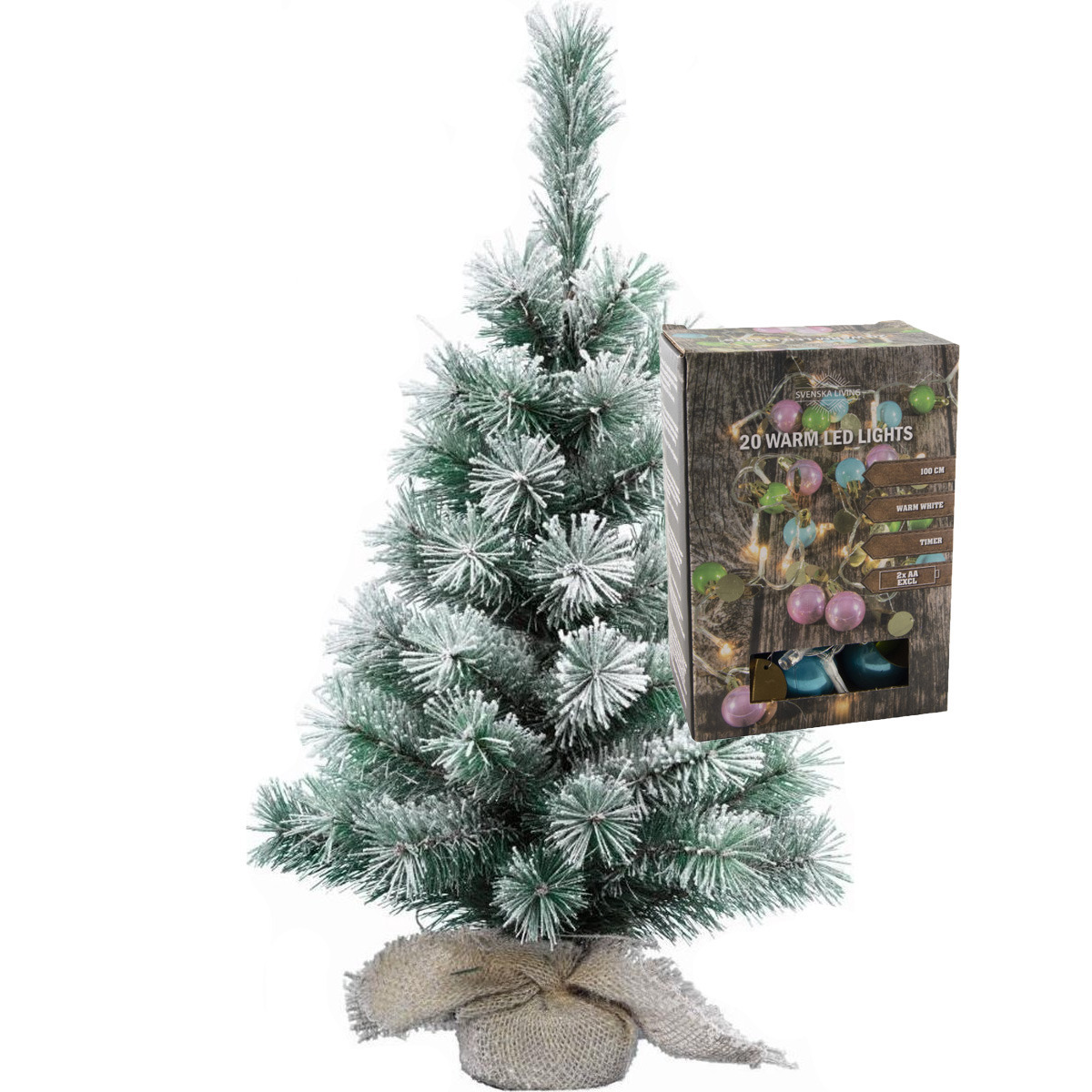 Kleine kunst kerstboom besneeuwd H60 cm- incl. gekleurde kerstballen lichtsnoer