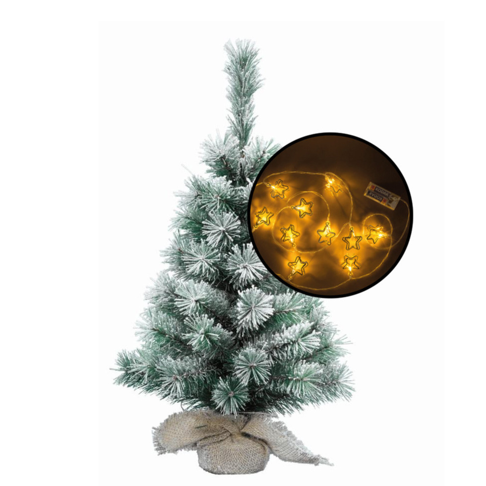 Kleine kunst kerstboom besneeuwd -incl. 3D sterren lichtsnoer H60 cm