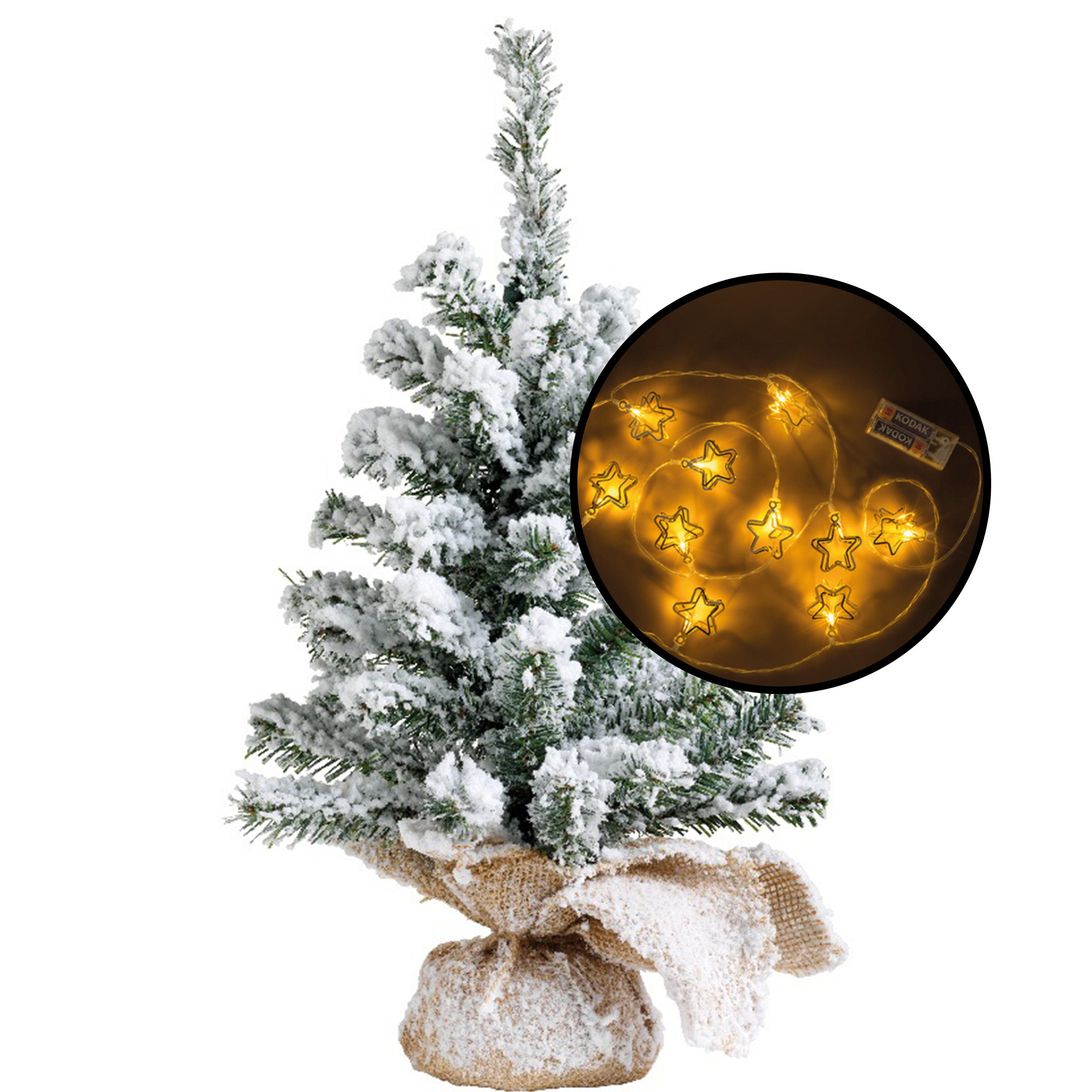Kleine kunst kerstboom besneeuwd incl. 3D sterren lichtsnoer metallic goud H45 cm
