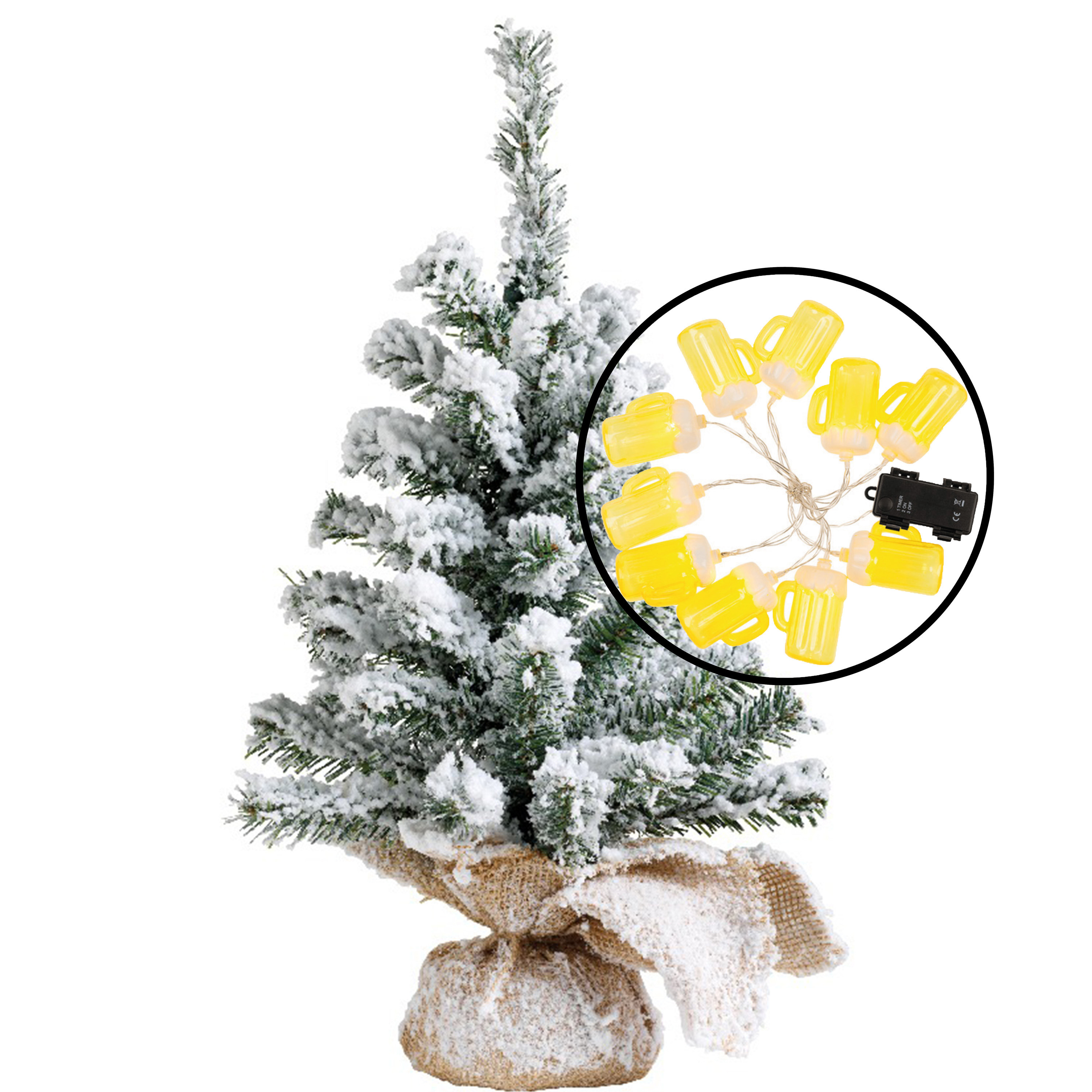 Kleine kunst kerstboom - besneeuwd - incl. bier thema lichtsnoer bierpullen - H45 cm -