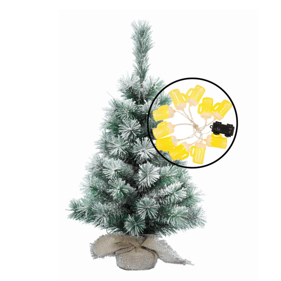 Kleine kunst kerstboom besneeuwd -incl. bier thema lichtsnoer H60 cm