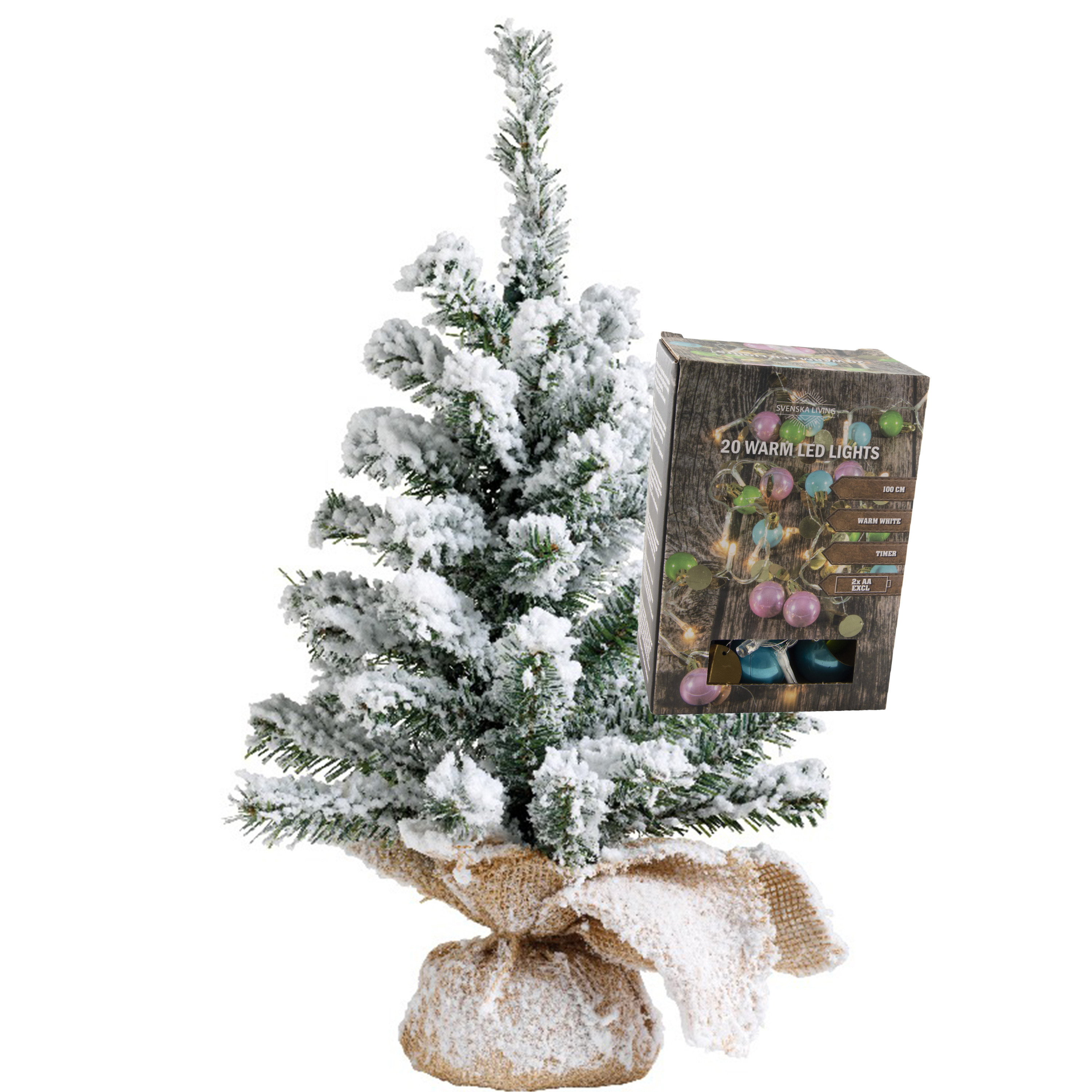 Kleine kunst kerstboom besneeuwd incl. gekleurde kerstballen lichtsnoer H45 cm