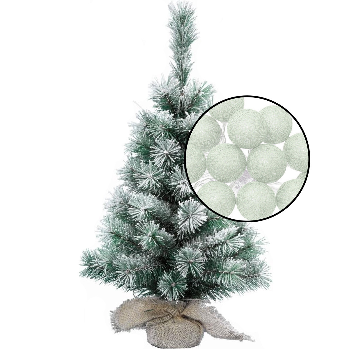 Kleine kunst kerstboom besneeuwd incl. lichtsnoer met balletjes lichtgroen- H60 cm