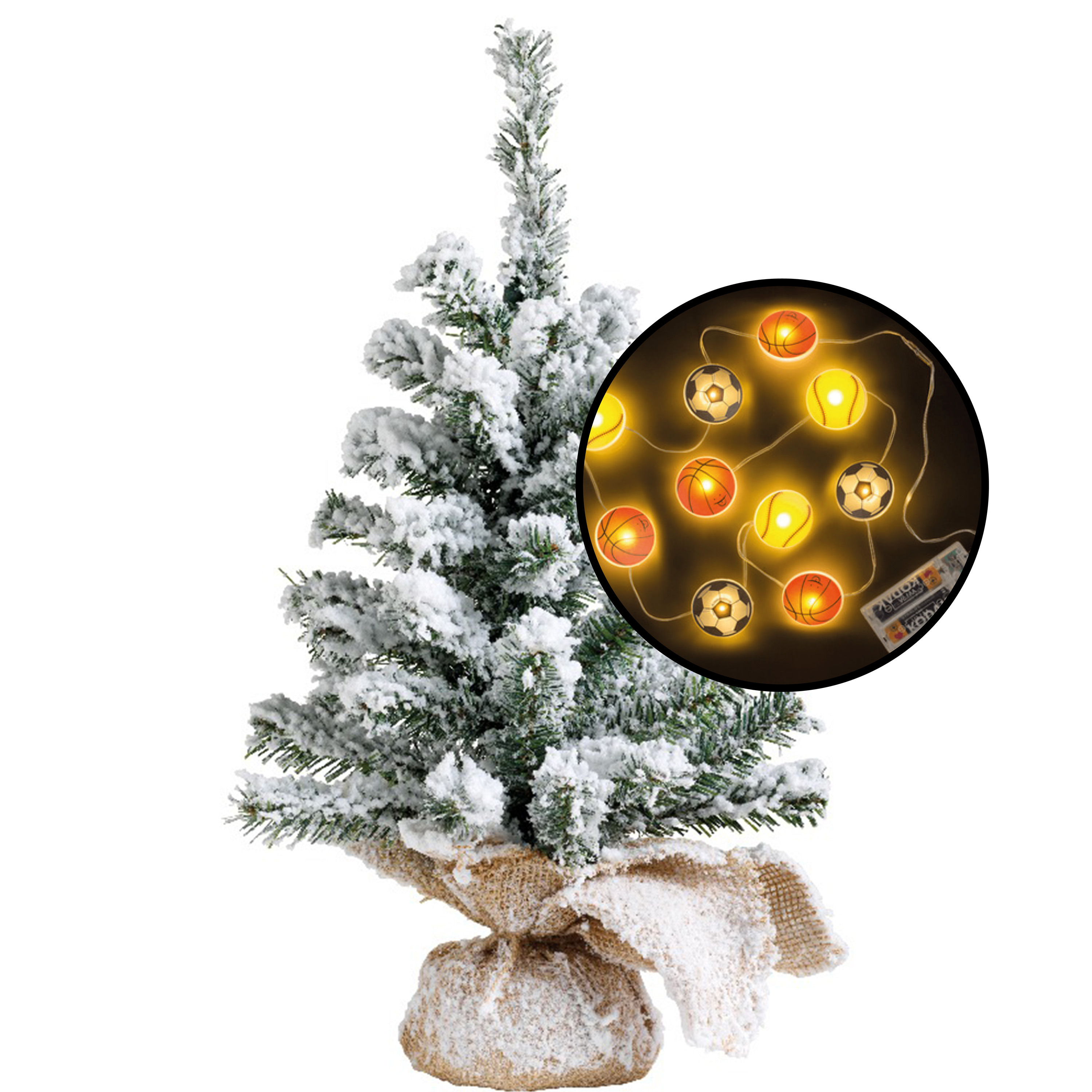 Kleine kunst kerstboom besneeuwd incl. sport thema lichtsnoer H45 cm