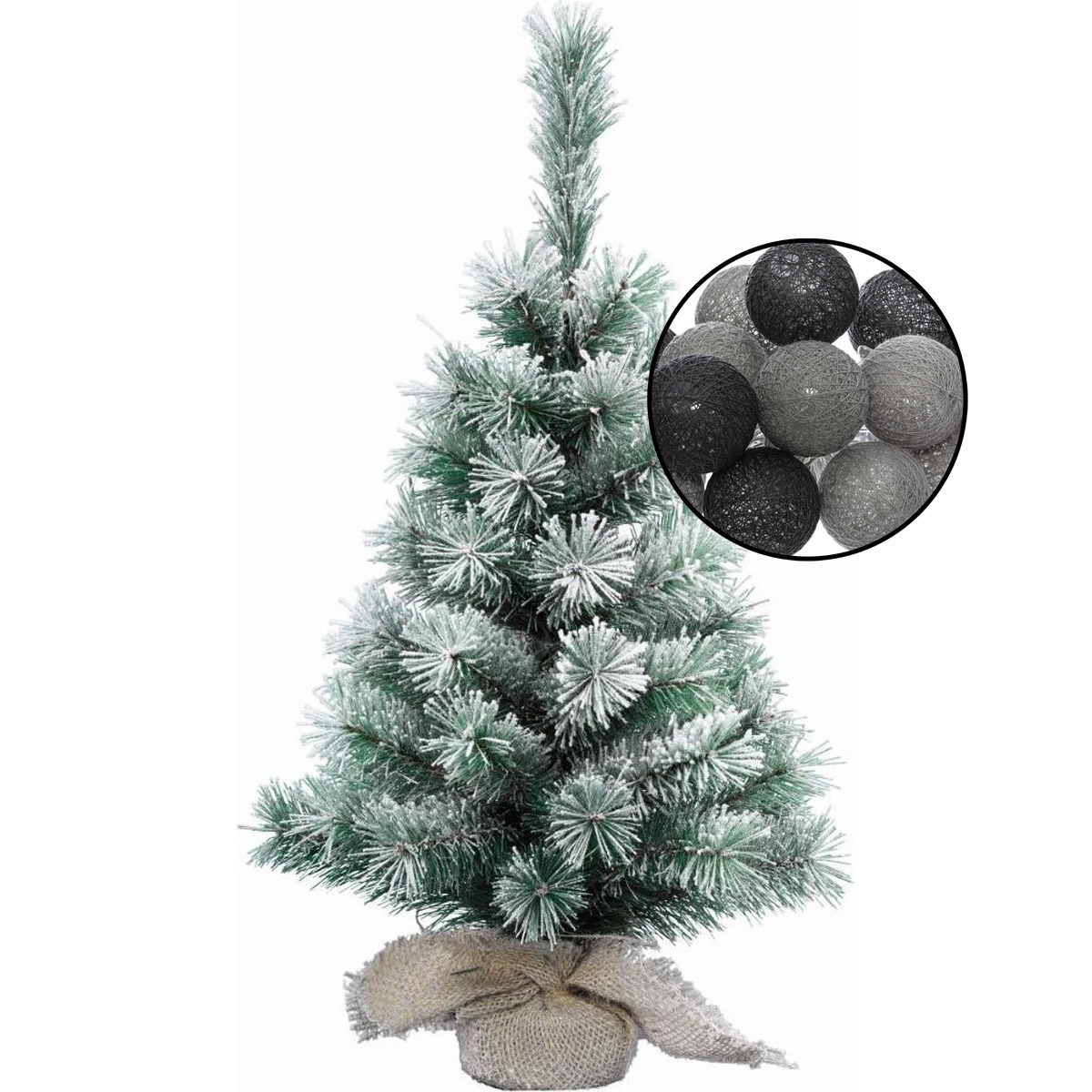 Kleine kunst kerstboom besneeuwd -incl. verlichting bollen zwart-grijs- H60 cm