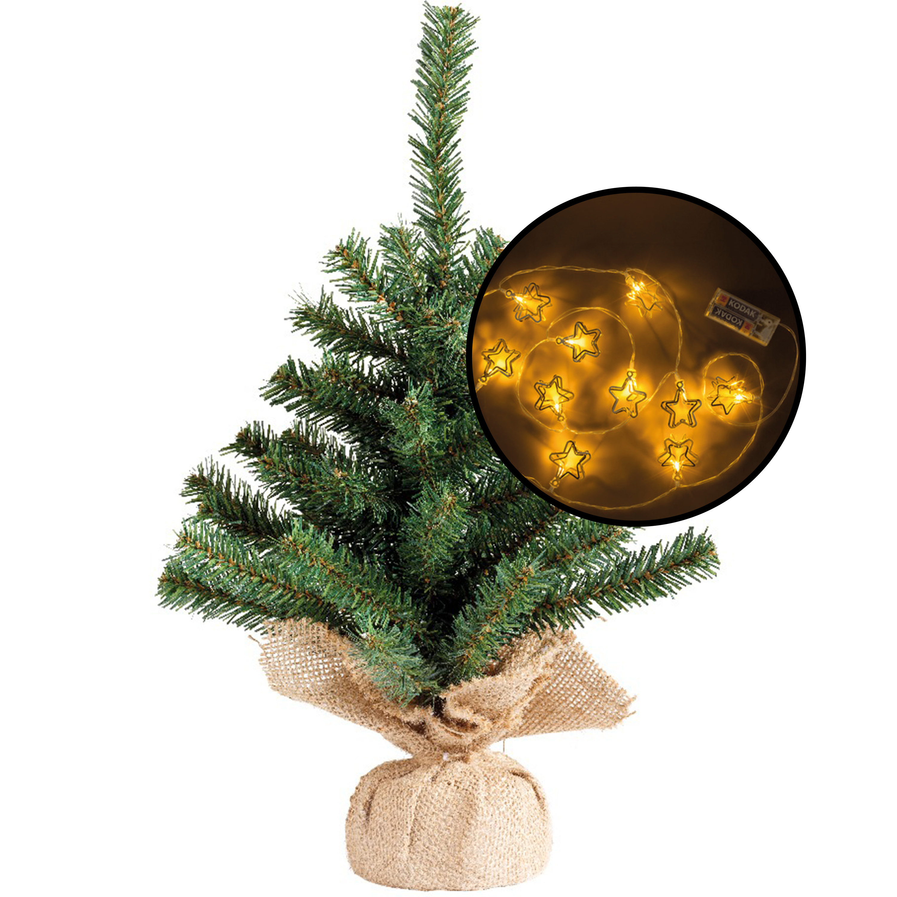 Kleine kunst kerstboom -groen -incl. 3D sterren lichtsnoer metallic goud H45 cm