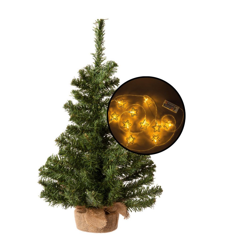 Kleine kunst kerstboom -groen -incl. 3D sterren lichtsnoer metallic goud H60 cm