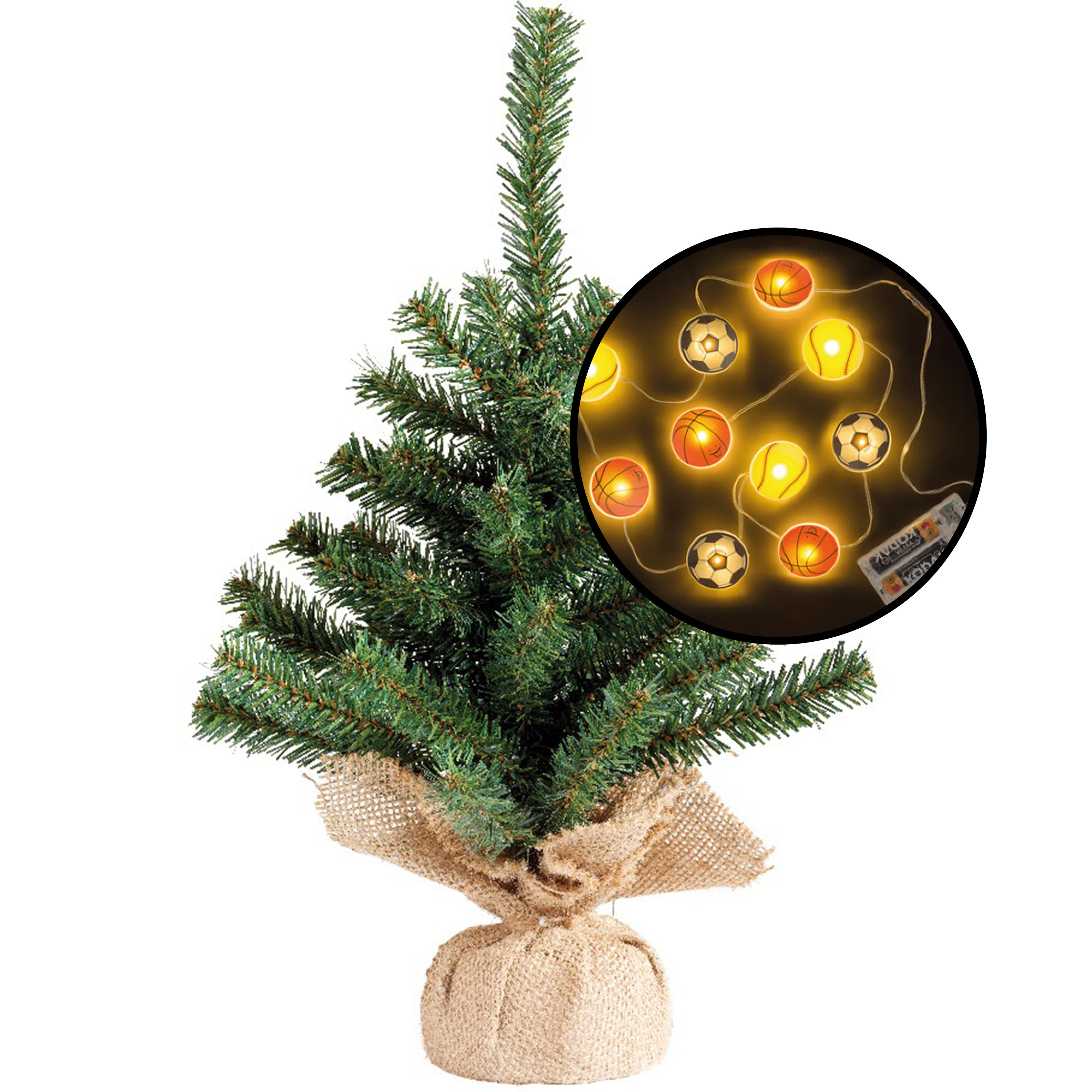 Kleine kunst kerstboom -groen -incl. sport thema lichtsnoer H45 cm
