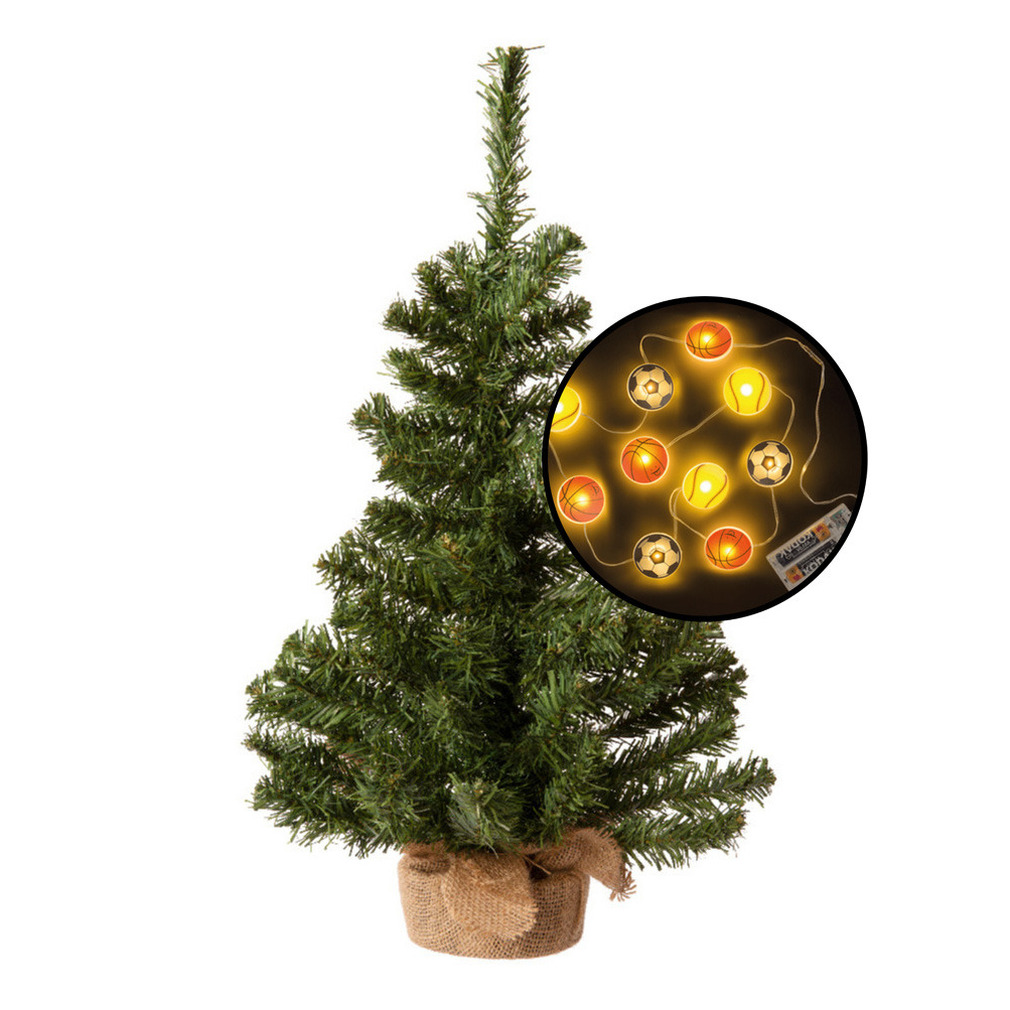 Kleine kunst kerstboom groen incl. sport thema lichtsnoer H60 cm