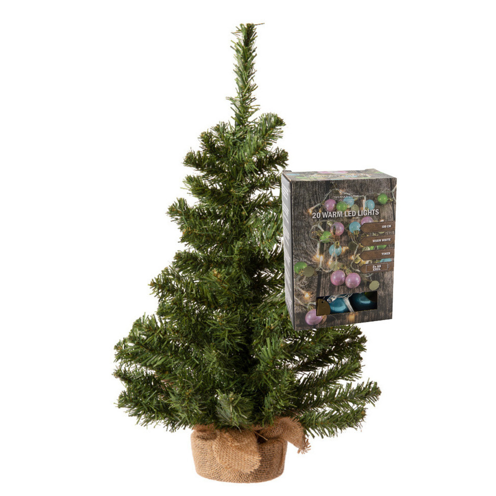 Kleine kunst kerstboom H60 cm- incl. gekleurde kerstballen lichtsnoer