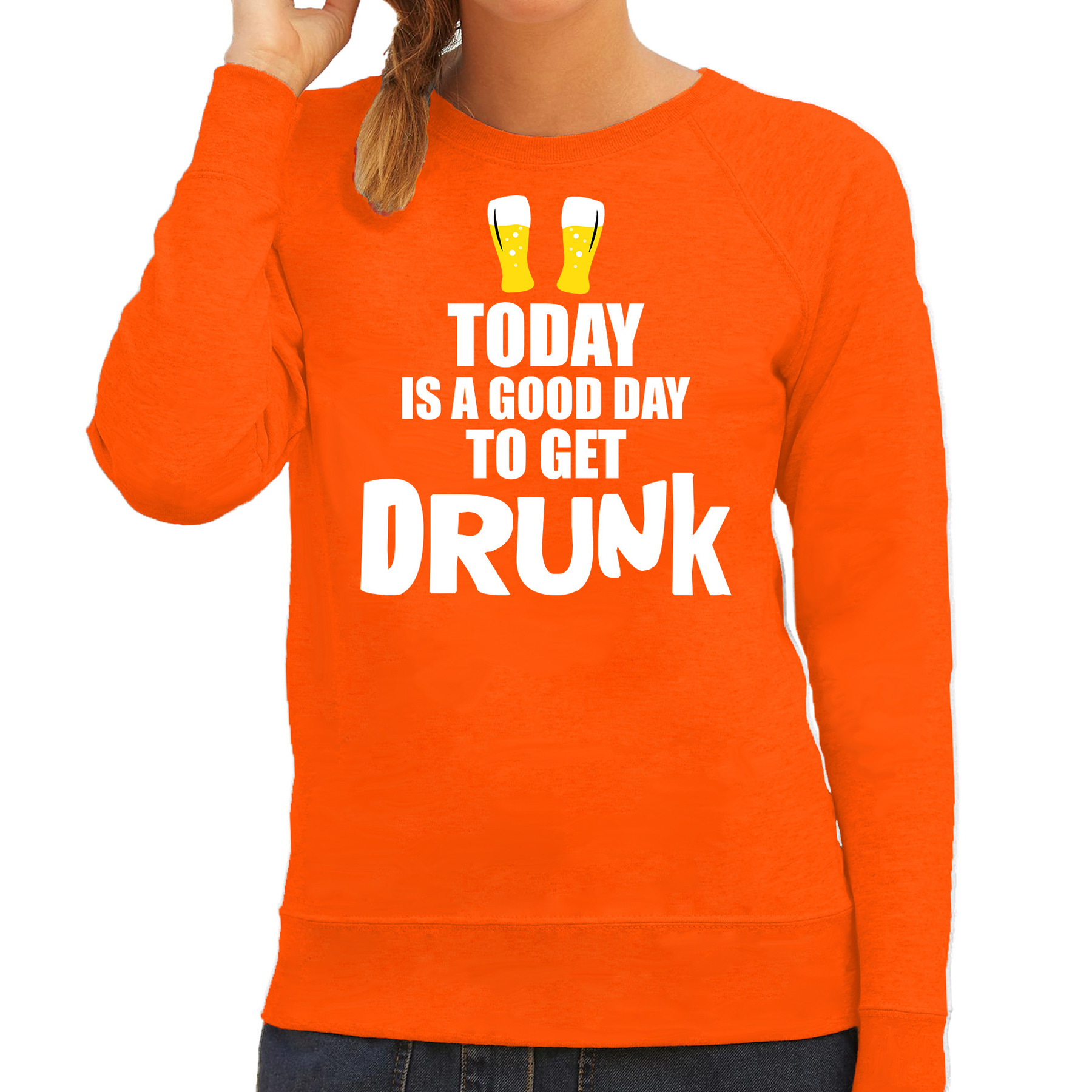 Koningsdag sweater-trui good day to get drunk oranje voor dames