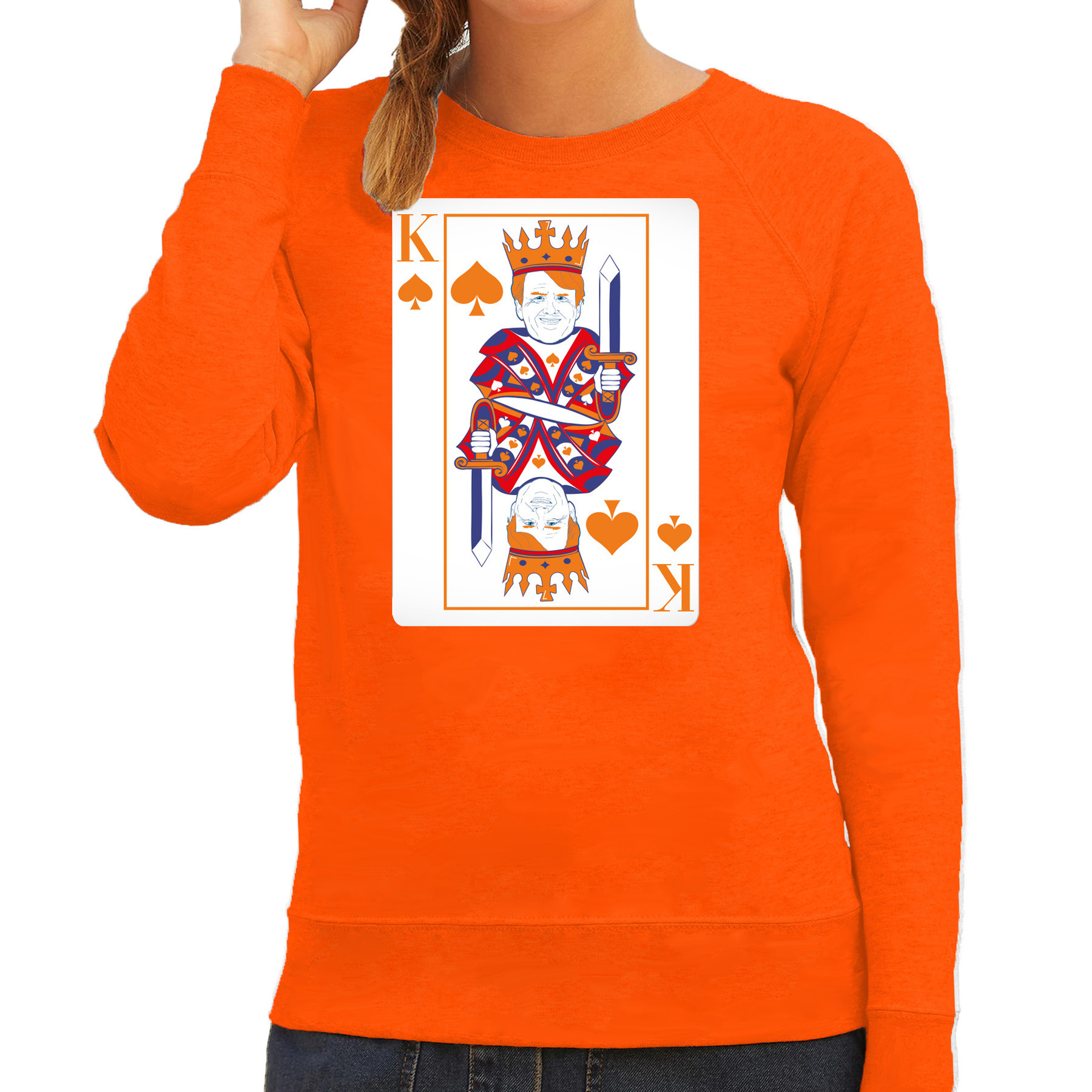 Koningsdag sweater voor dames kaarten koning oranje feestkleding
