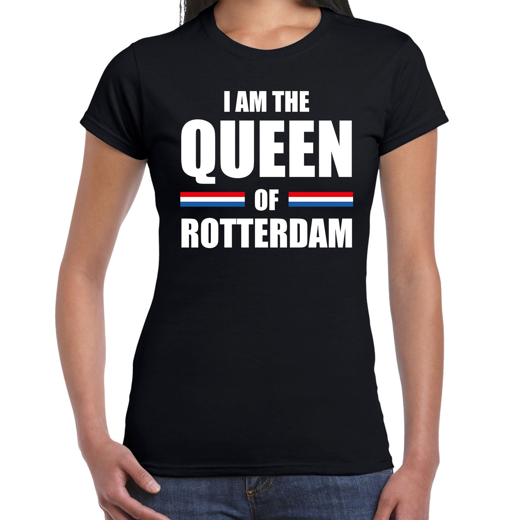 Koningsdag t-shirt I am the Queen of Rotterdam zwart voor dames