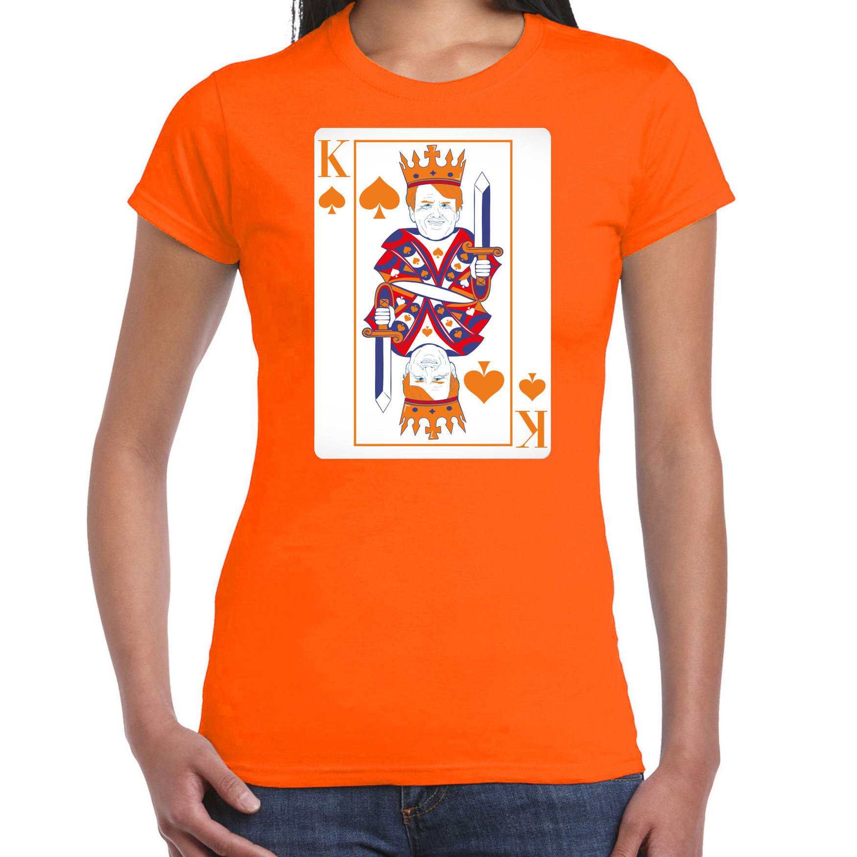 Koningsdag T-shirt voor dames kaarten koning oranje feestkleding
