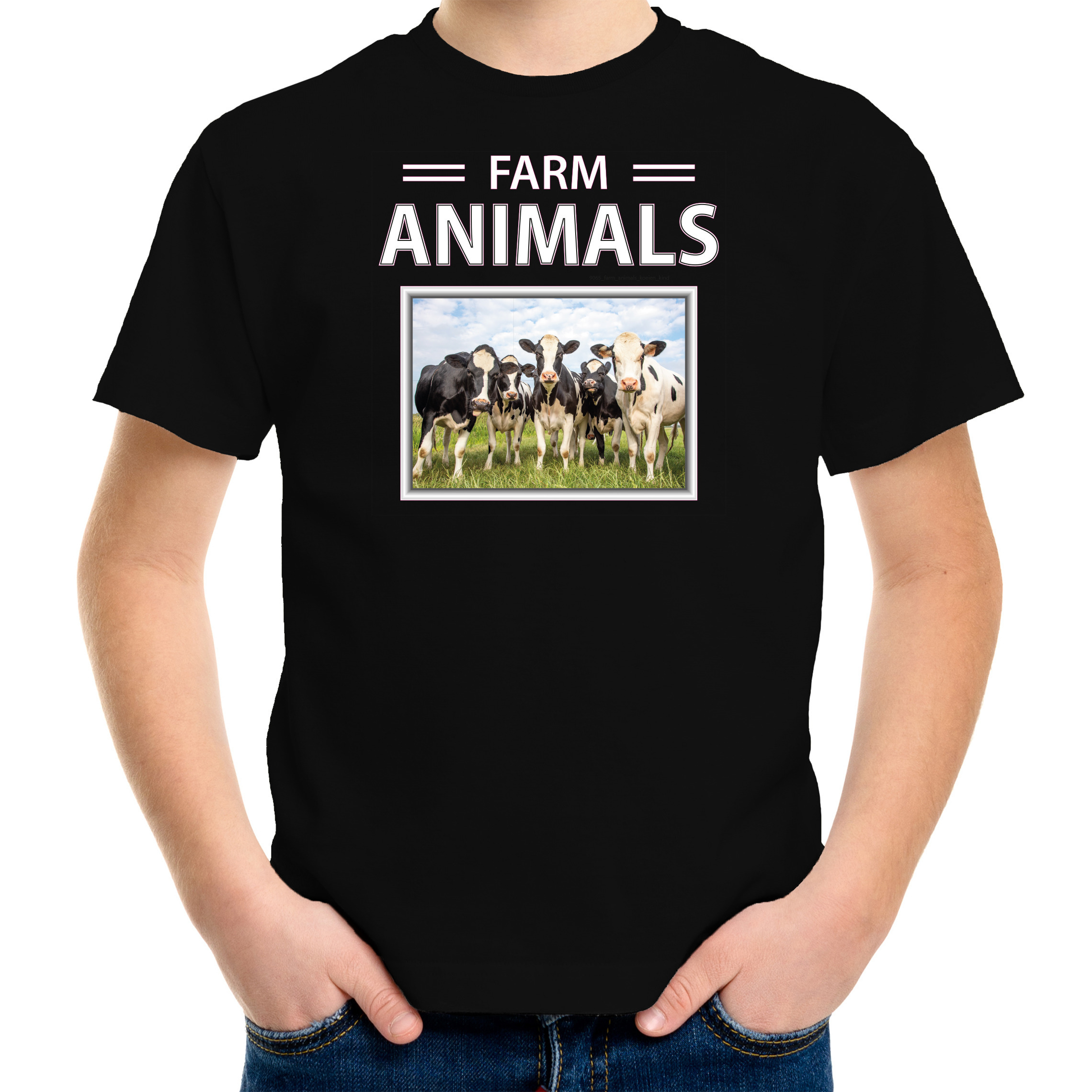 Kudde koeien t-shirt met dieren foto farm animals zwart voor kinderen
