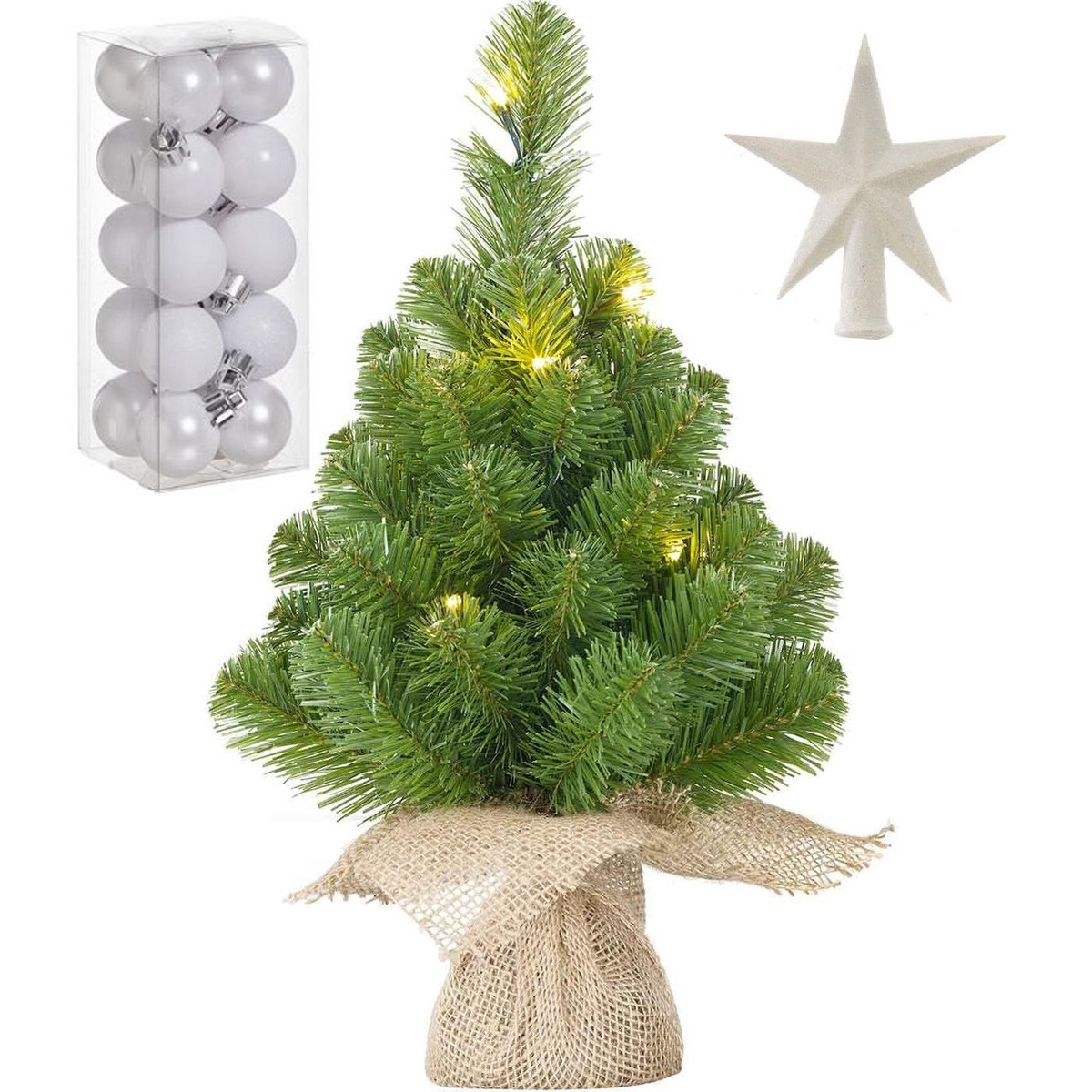 Kunst kerstboom met 10 LED lampjes 45 cm inclusief witte versiering 21-delig