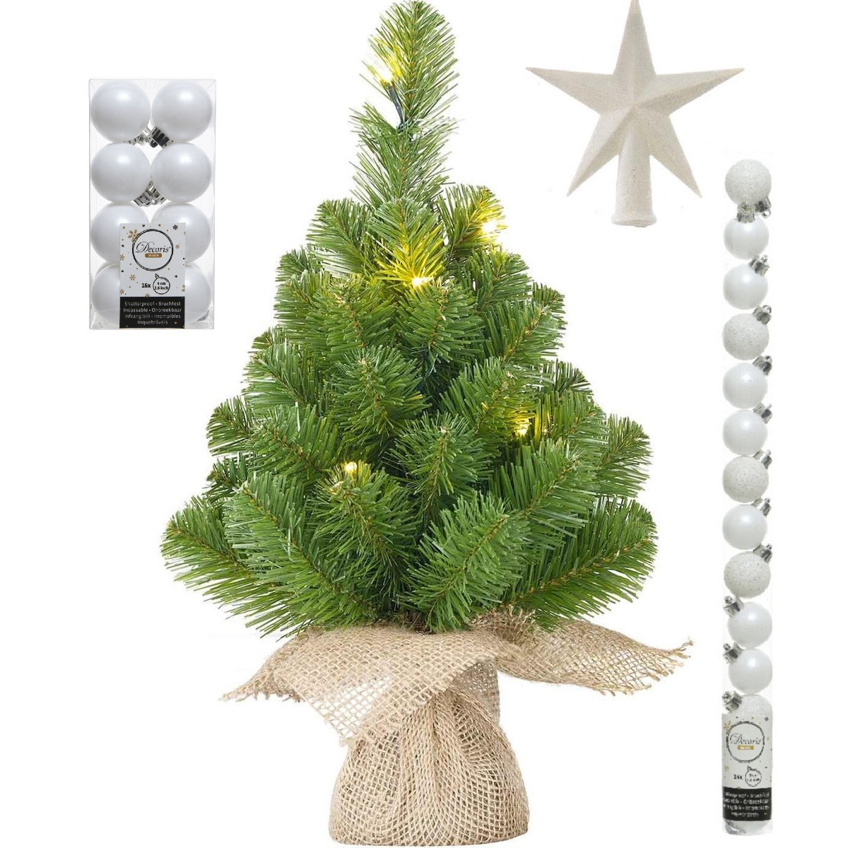 Kunst kerstboom met 15 LED lampjes 60 cm inclusief witte versiering 31-delig