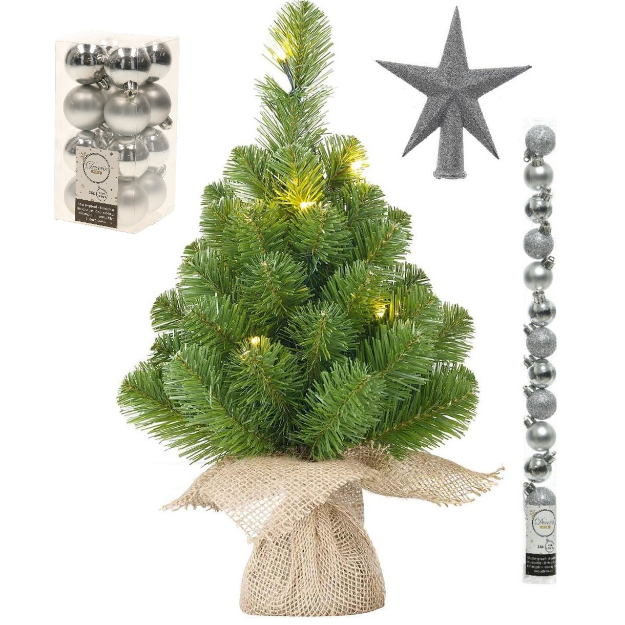 Kunst kerstboom met 15 LED lampjes 60 cm inclusief zilveren versiering 31-delig -