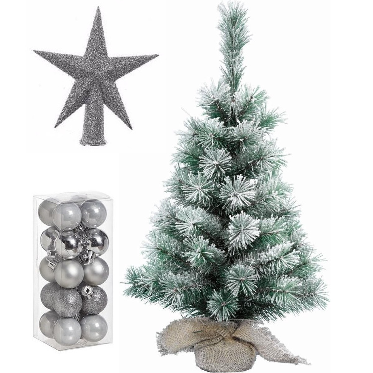 Kunst kerstboom met sneeuw 35 cm in jute zak inclusief zilveren versiering 21-delig
