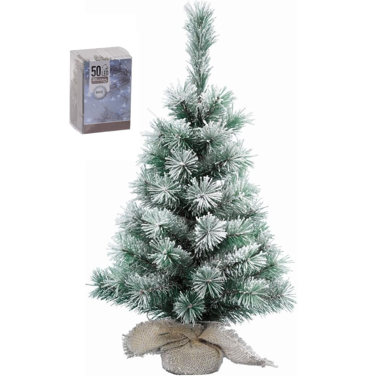 Kunst kerstboom met sneeuw 60 cm in jute zak inclusief 50 helder witte lampjes