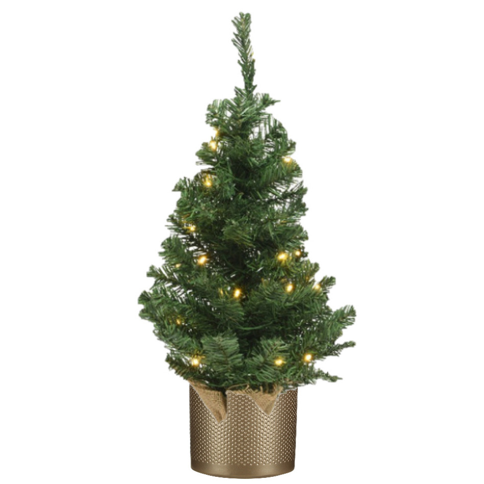 Kunstboom-kunst kerstboom groen 60 cm met verlichting en gouden pot